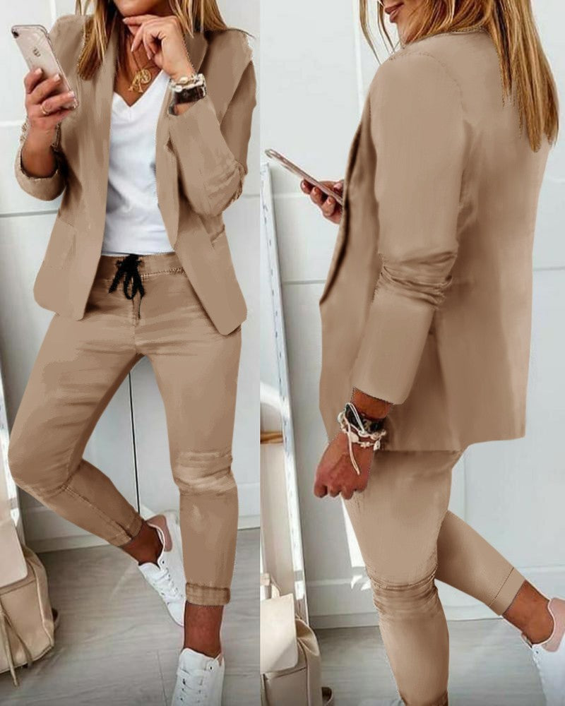 Women's Lapel Blazer & Drawstring Trousers OL Suit – 12 Colors XS–3XL