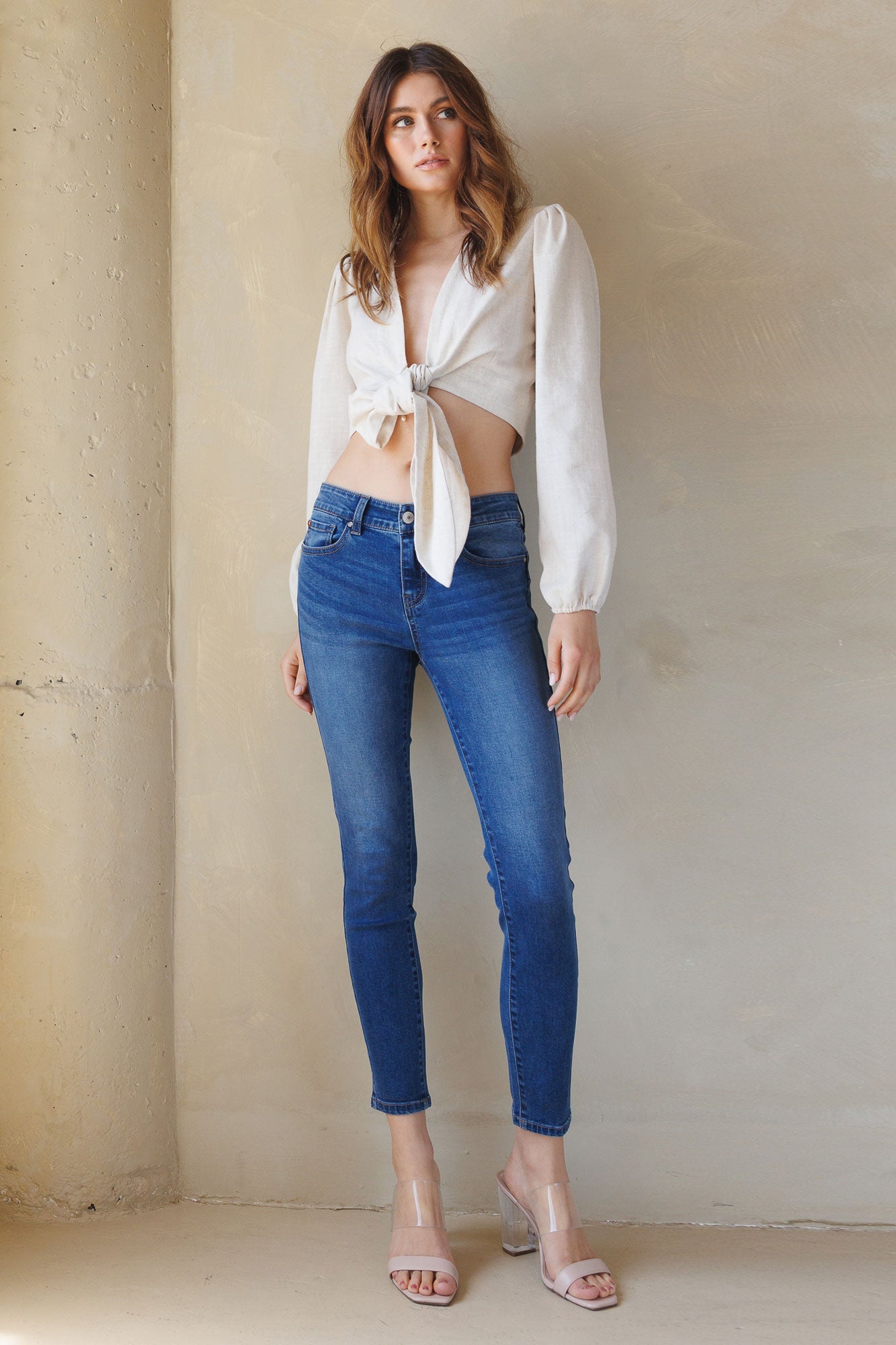 Mid Rise Push Up Ankle Skinny Jeans