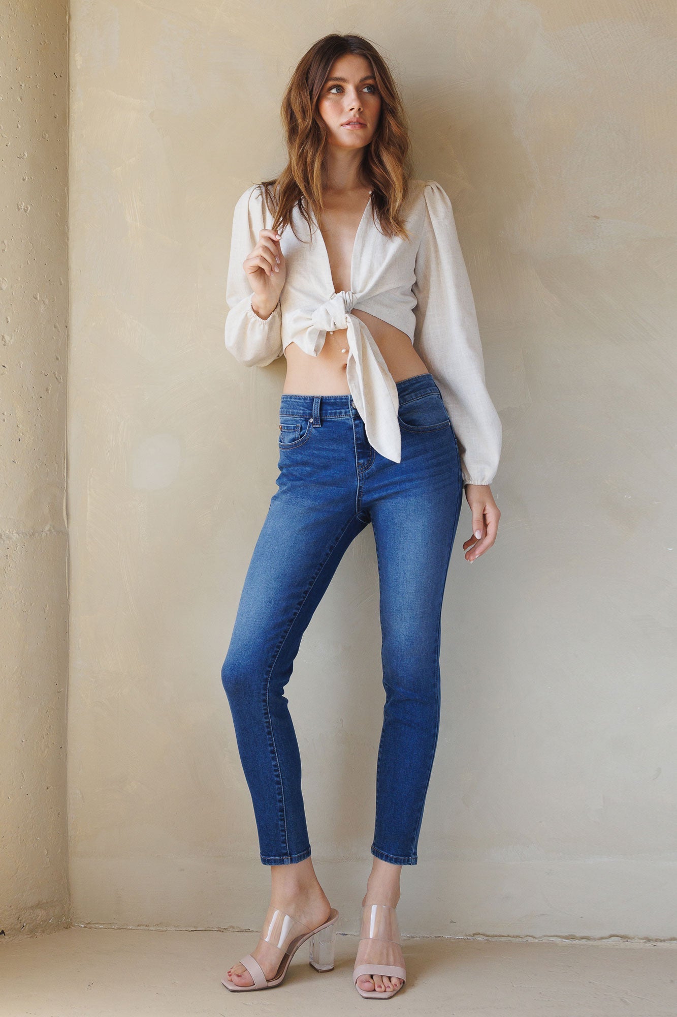 Mid Rise Push Up Ankle Skinny Jeans