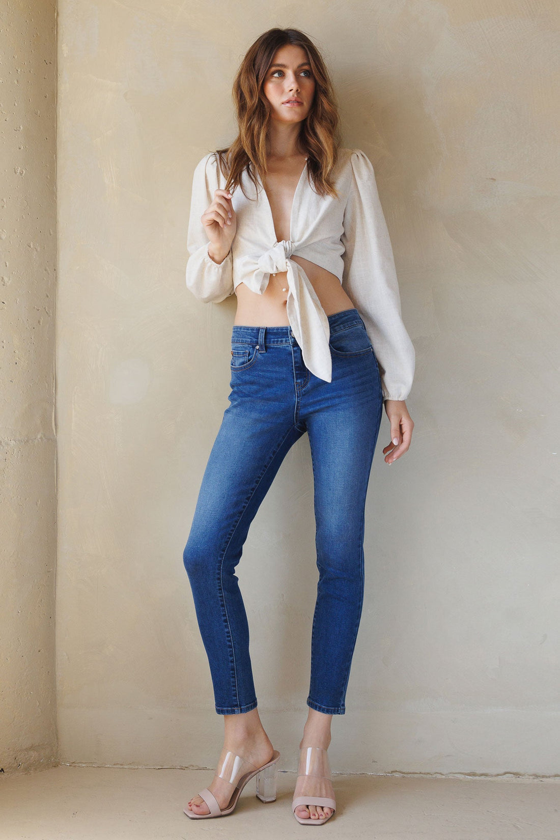 Mid Rise Push Up Ankle Skinny Jeans