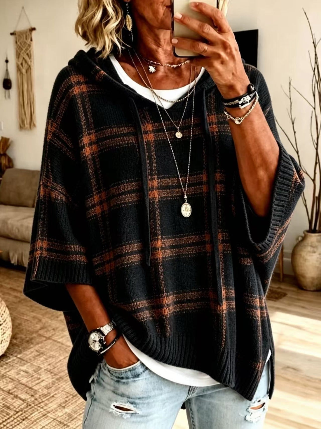 Plaid Knit Hooded Batwing Sweater
