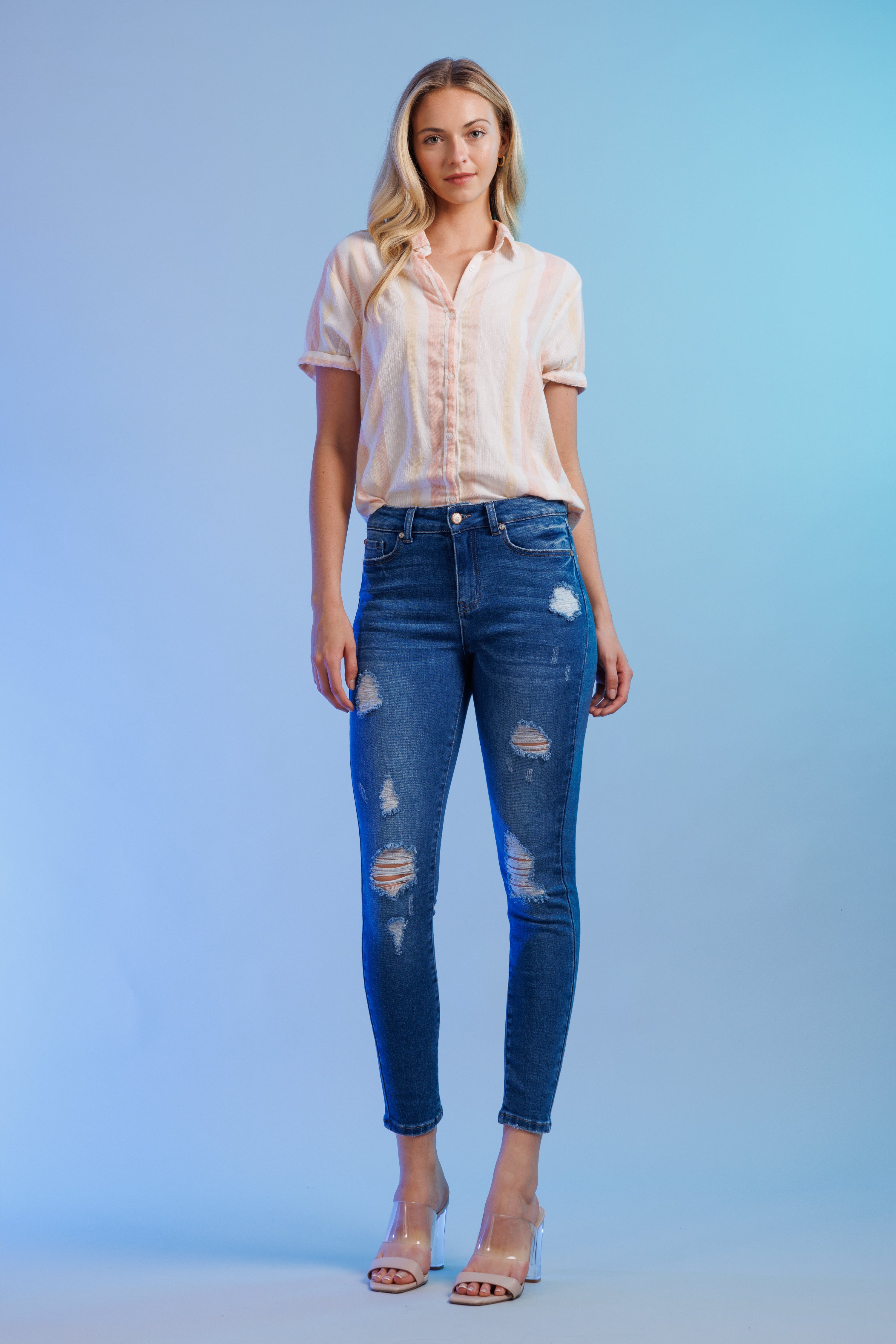 High Rise Destructed Skinny Jeans