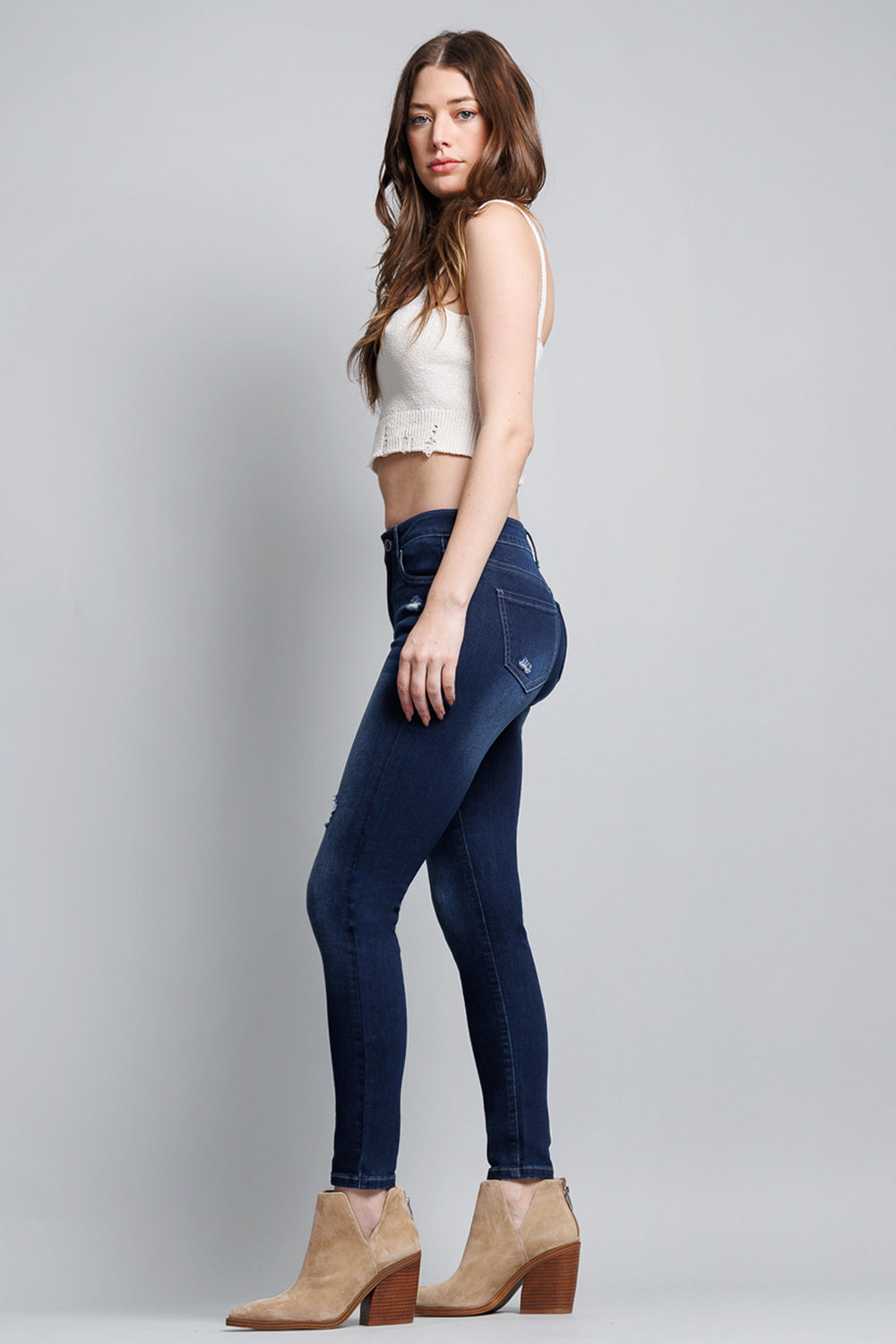 Mid Rise Destructed Ankle Skinny Jeans
