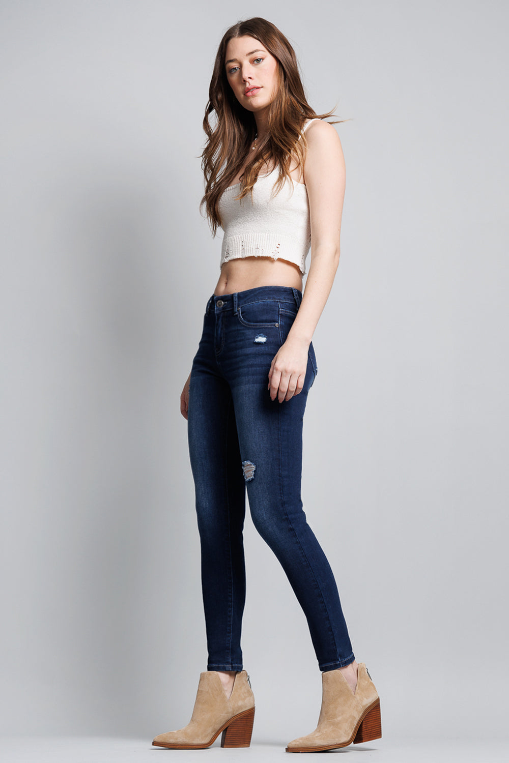 Mid Rise Destructed Ankle Skinny Jeans