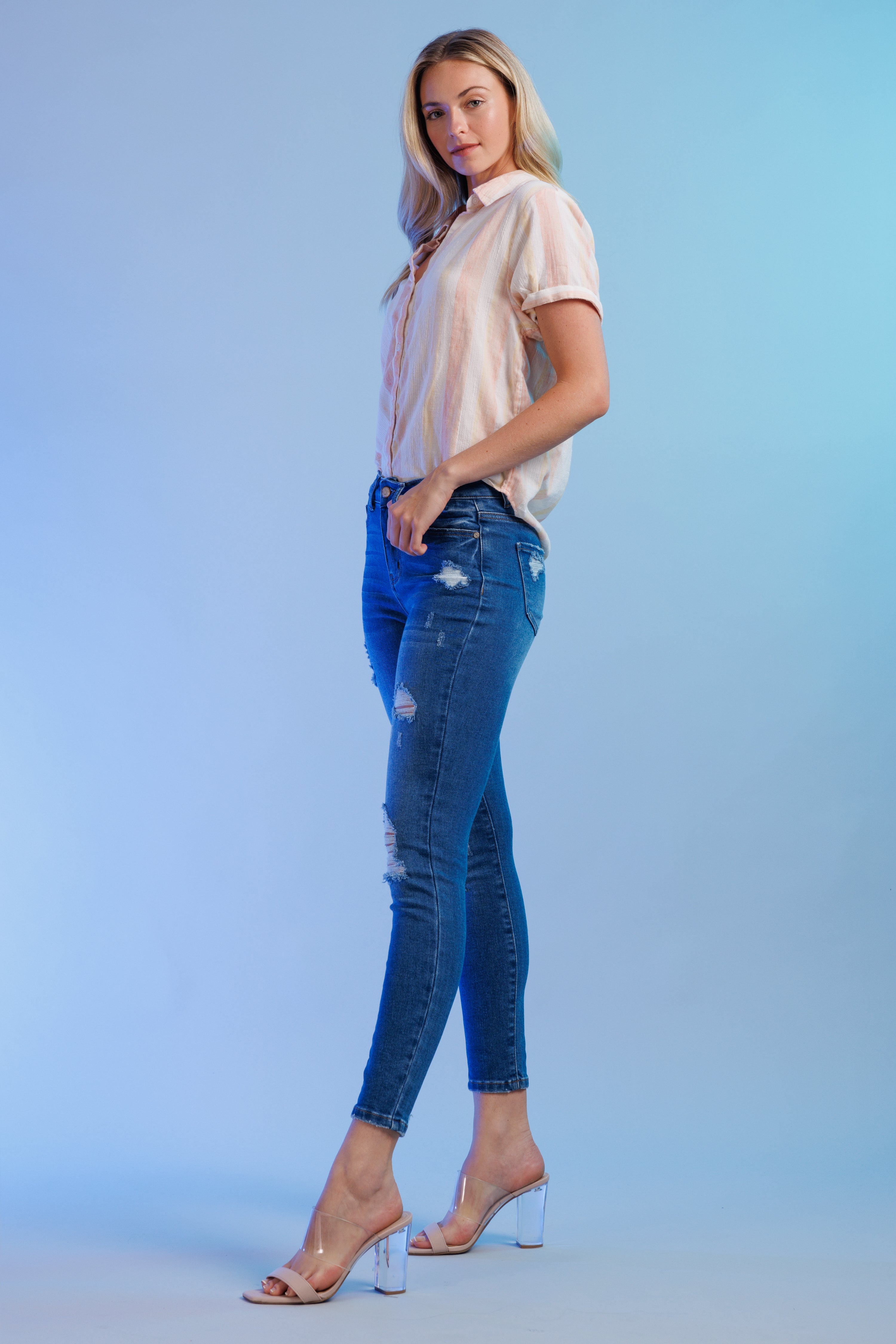 High Rise Destructed Skinny Jeans