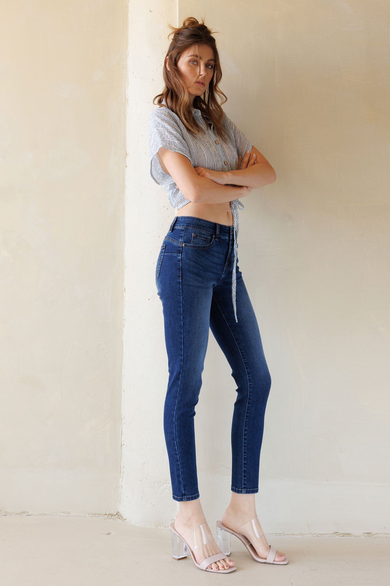 Mid Rise Push Up Ankle Skinny Jeans