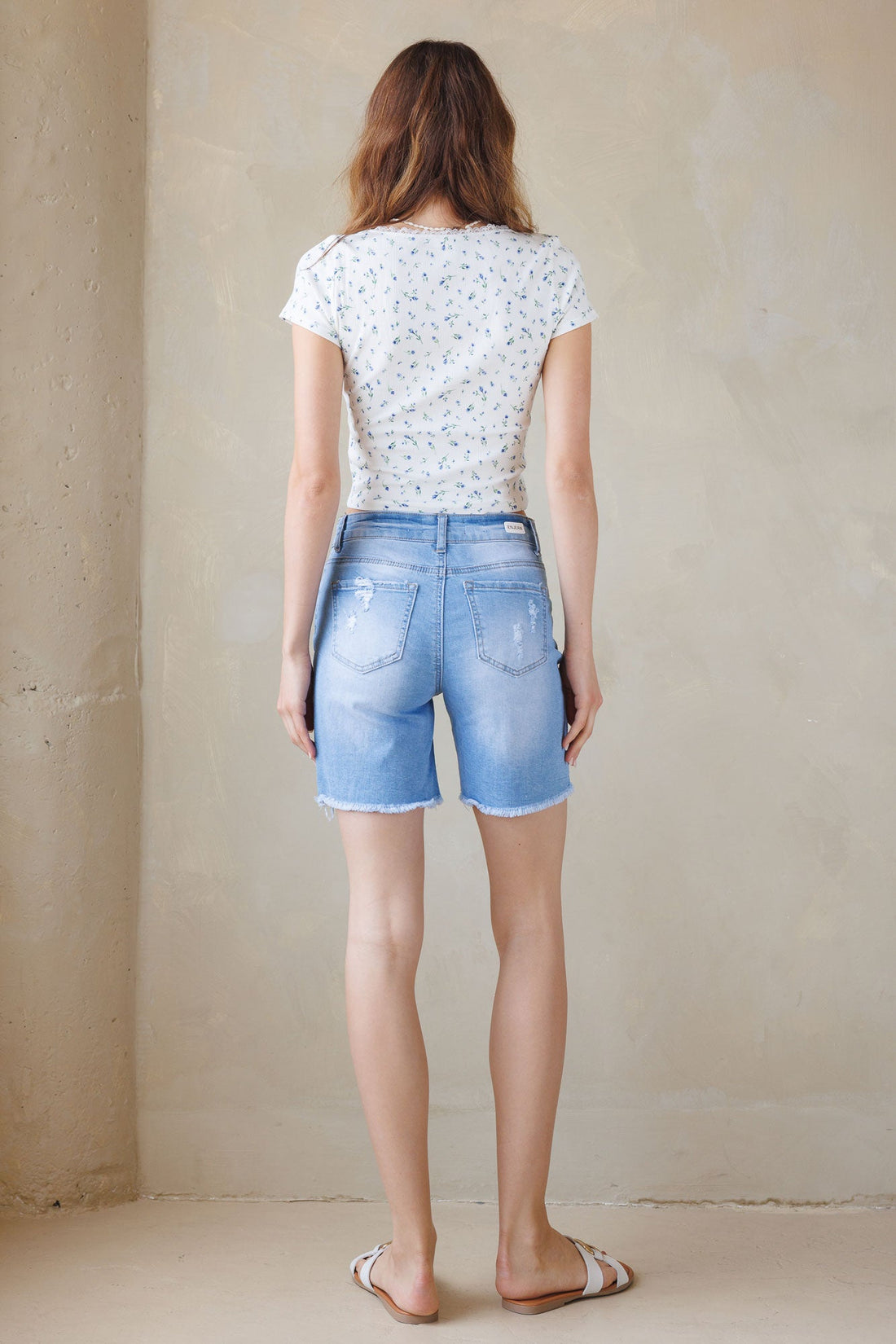 High Rise Destructed Bermuda Denim Shorts