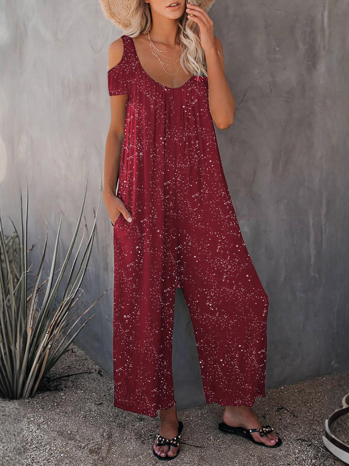 Fashionable Off-shoulder Sexy Powder-dusting Strap Jumpsuit With Long Pants