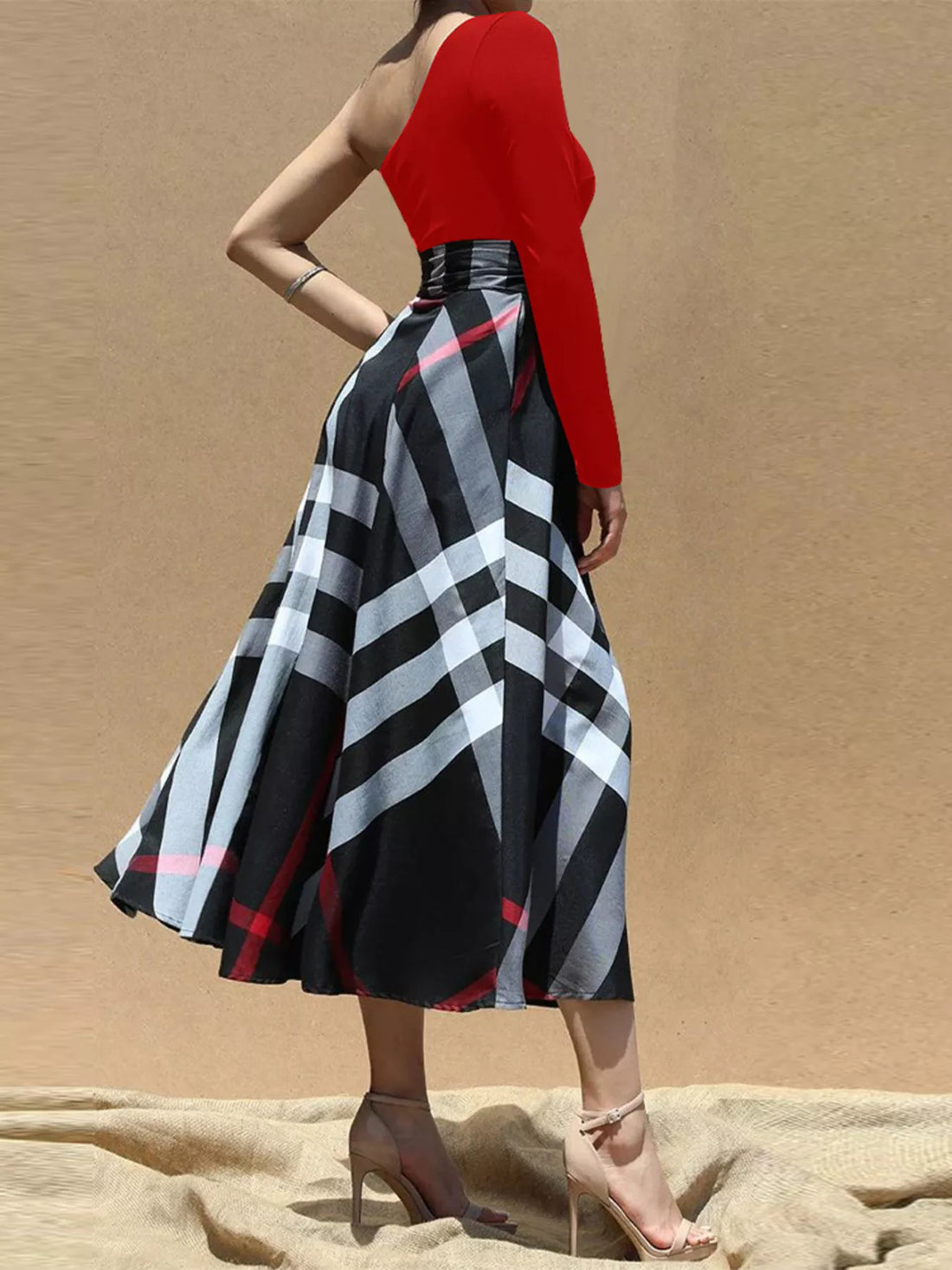 Women's Asymmetrical One-Sleeve Plaid Midi Dress with Waist Tie
