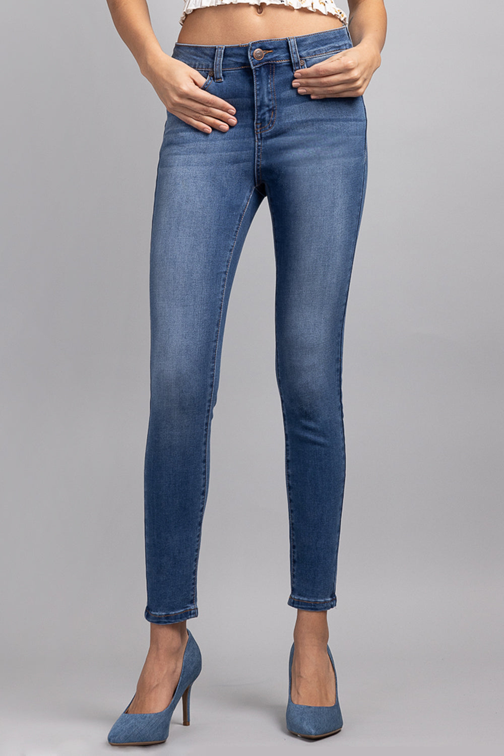 Mid Rise Push Up Ankle Skinny Jeans