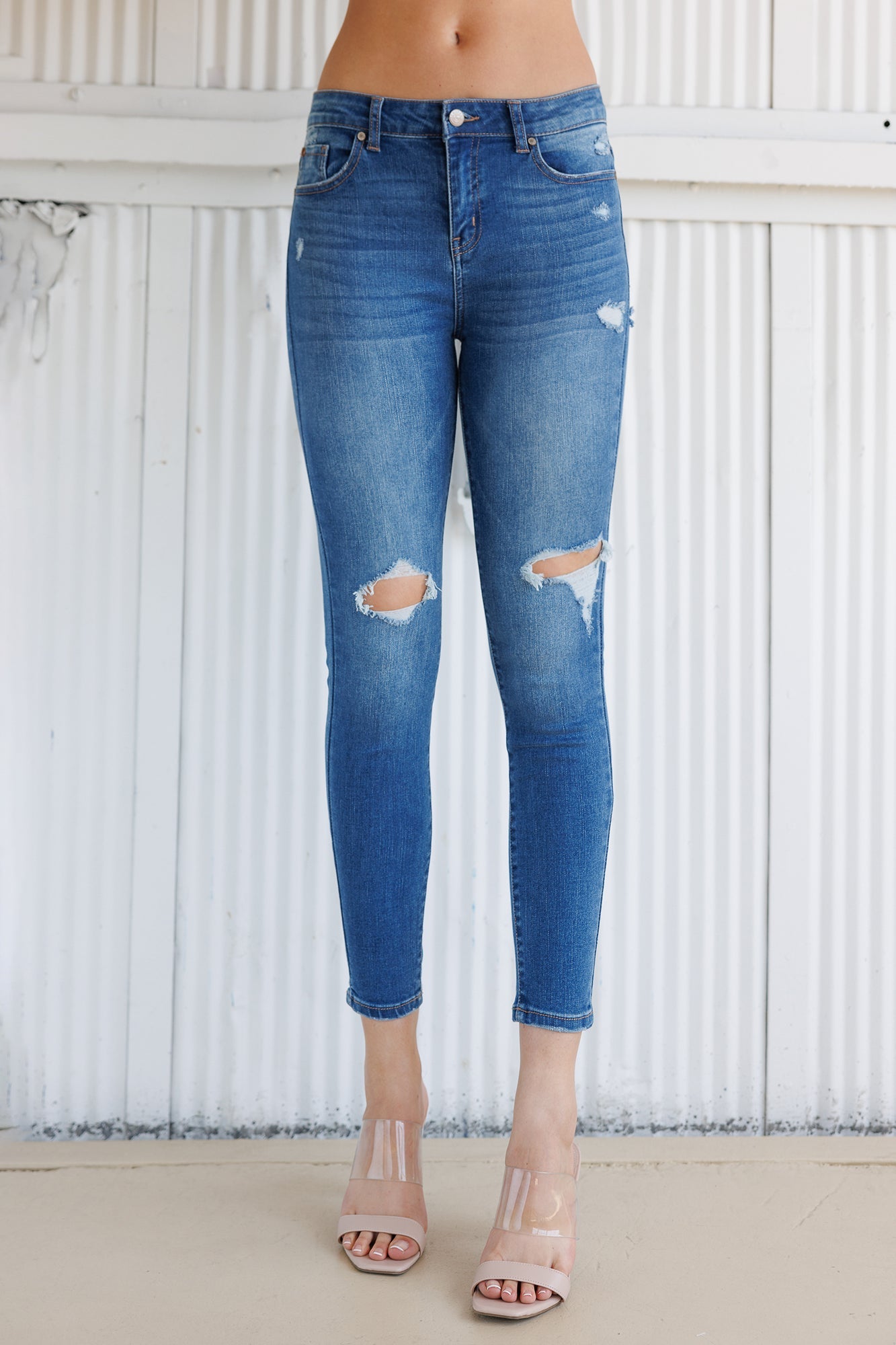 High Rise Destructed Skinny Jeans