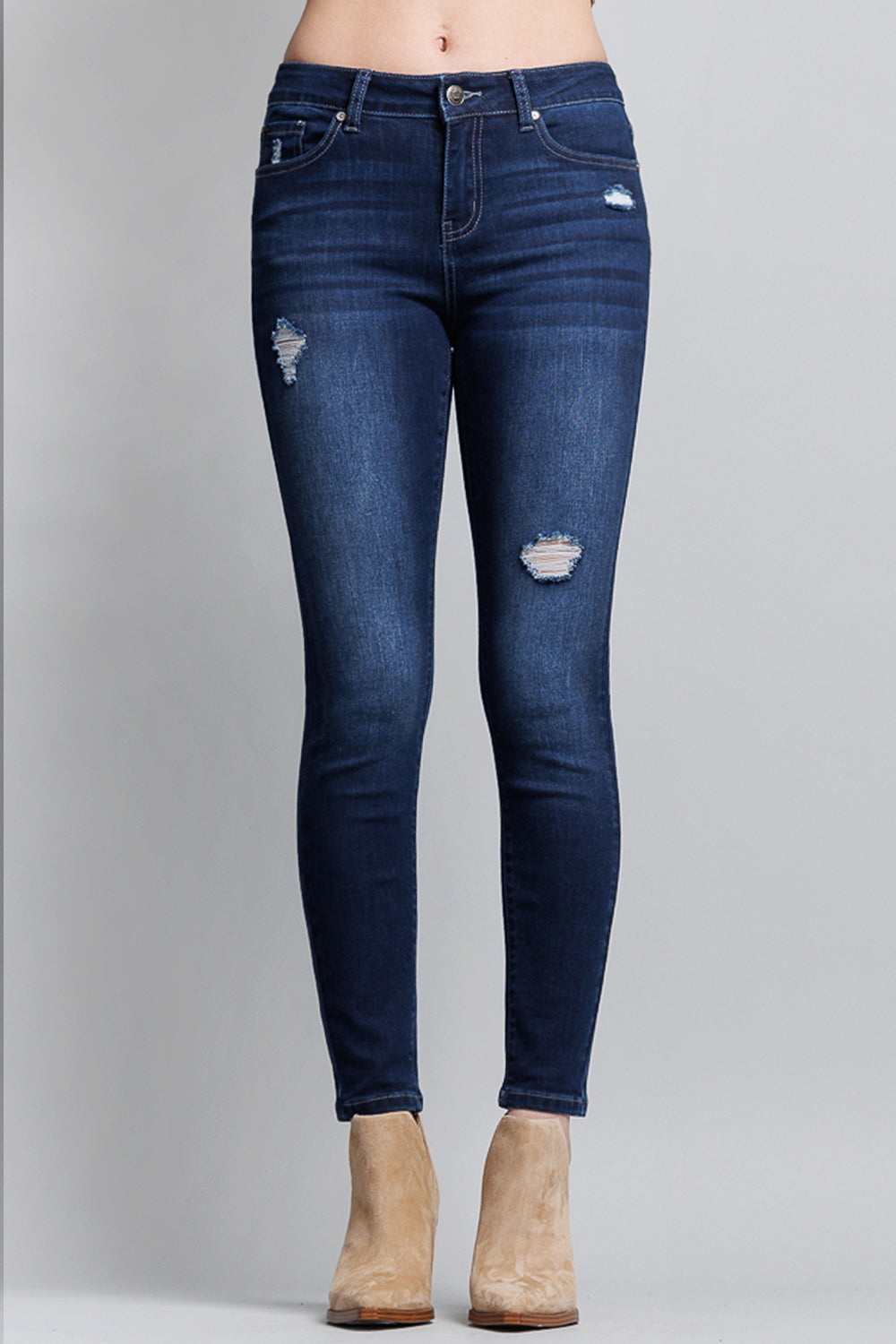Mid Rise Destructed Ankle Skinny Jeans