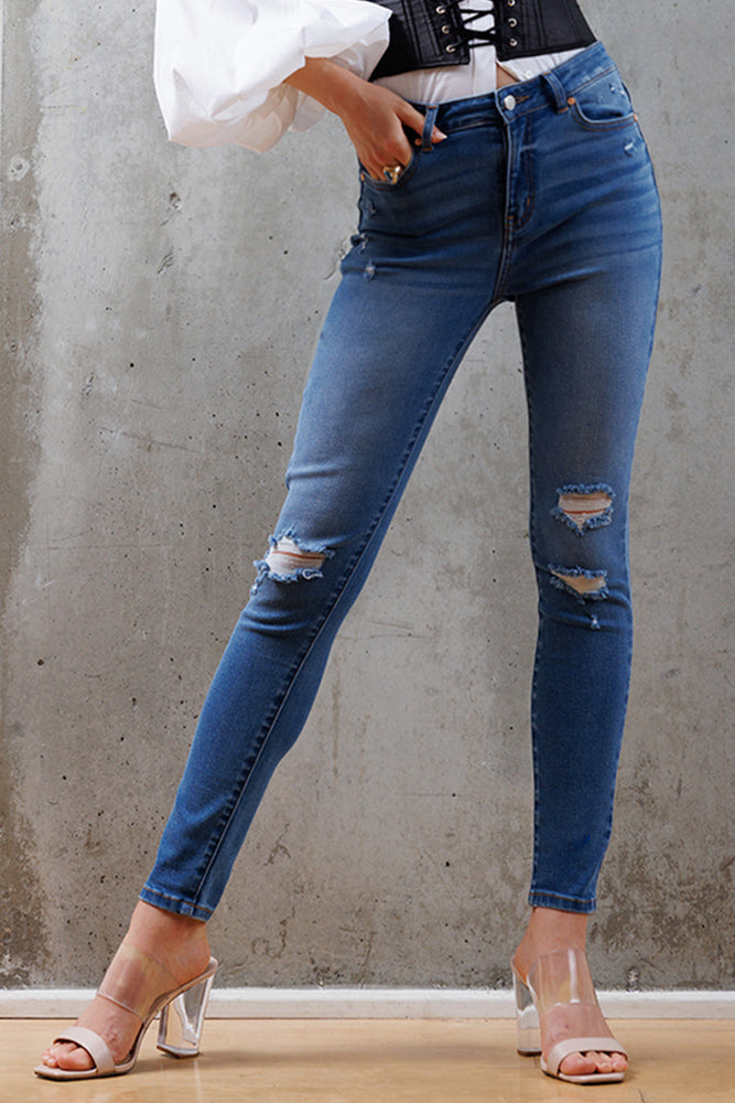High Rise Destructed Skinny Jeans