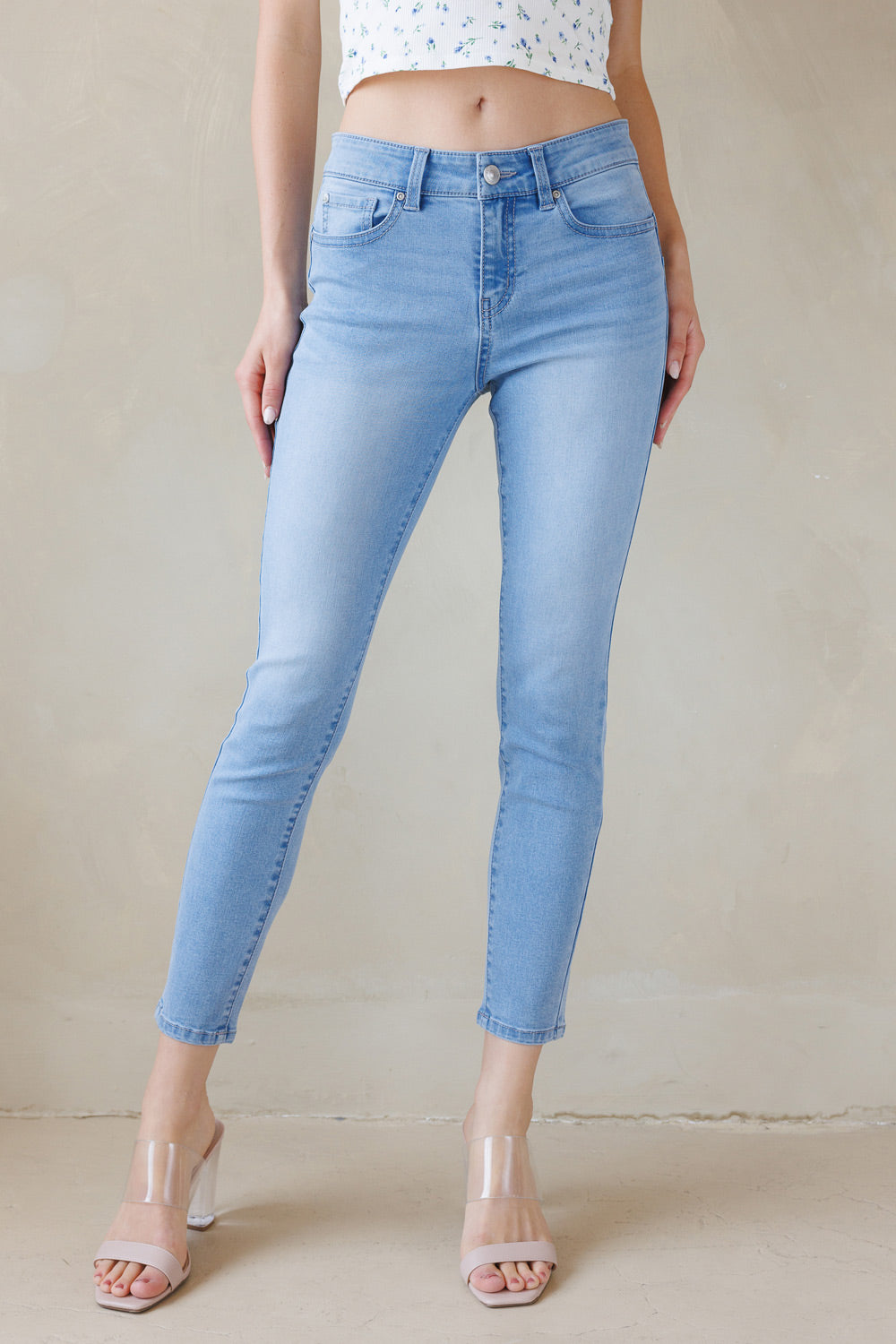 Mid Rise Push Up Ankle Skinny Jeans