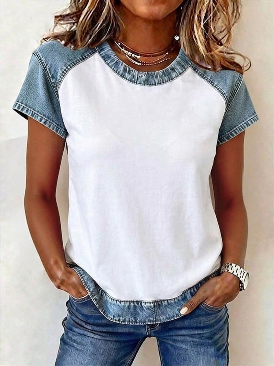 Women's Retro Denim Patchwork Short-Sleeve Shirt – Loose Fit