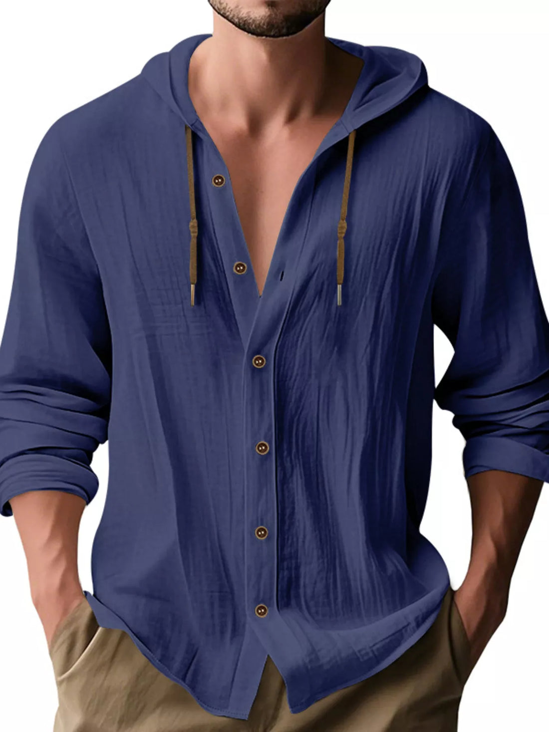Men's Full Size Drawstring Button Up Hooded Shirt Plus Size