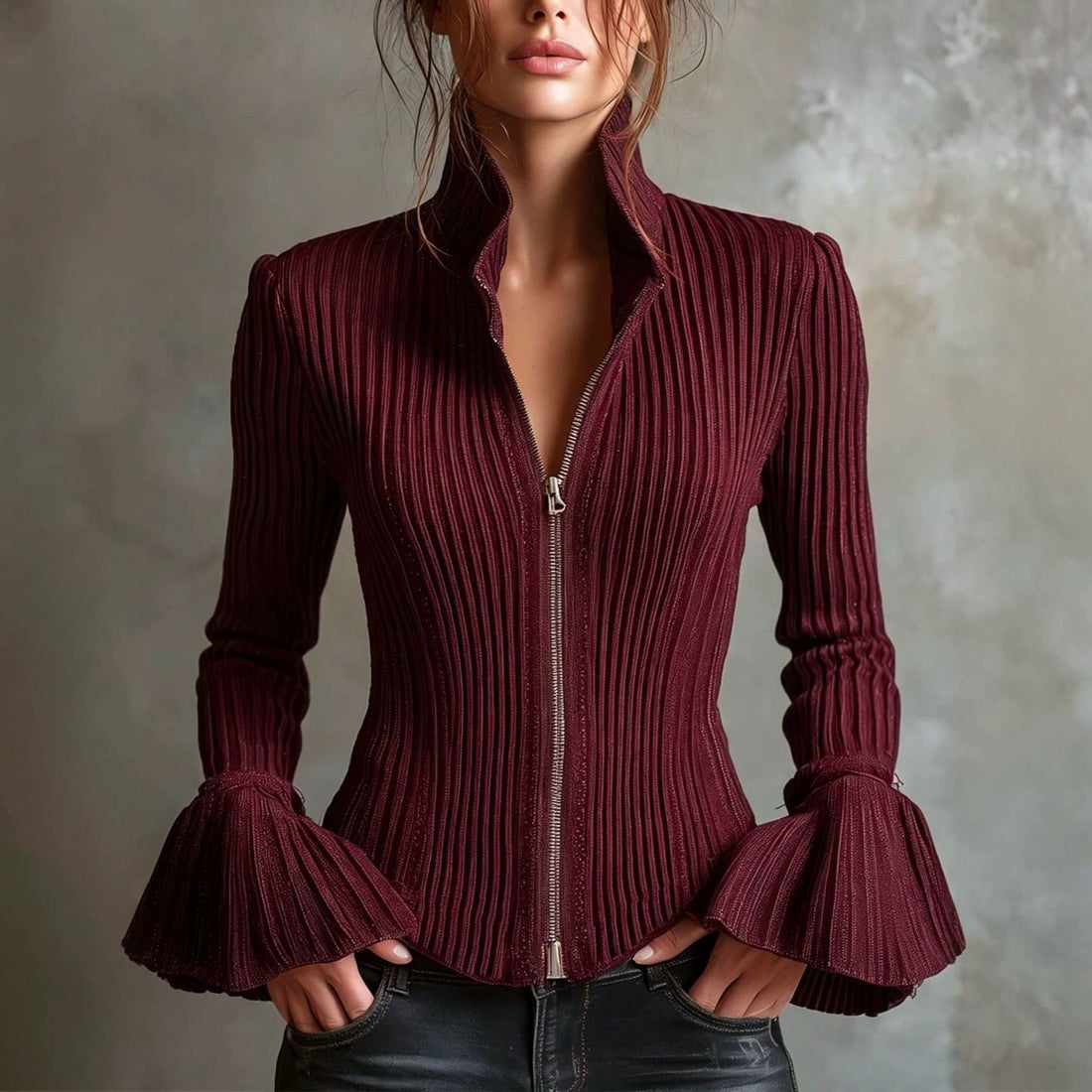 Women's Slim-Fit Rib-Knit Zip-Up Top with Flared Cuffs