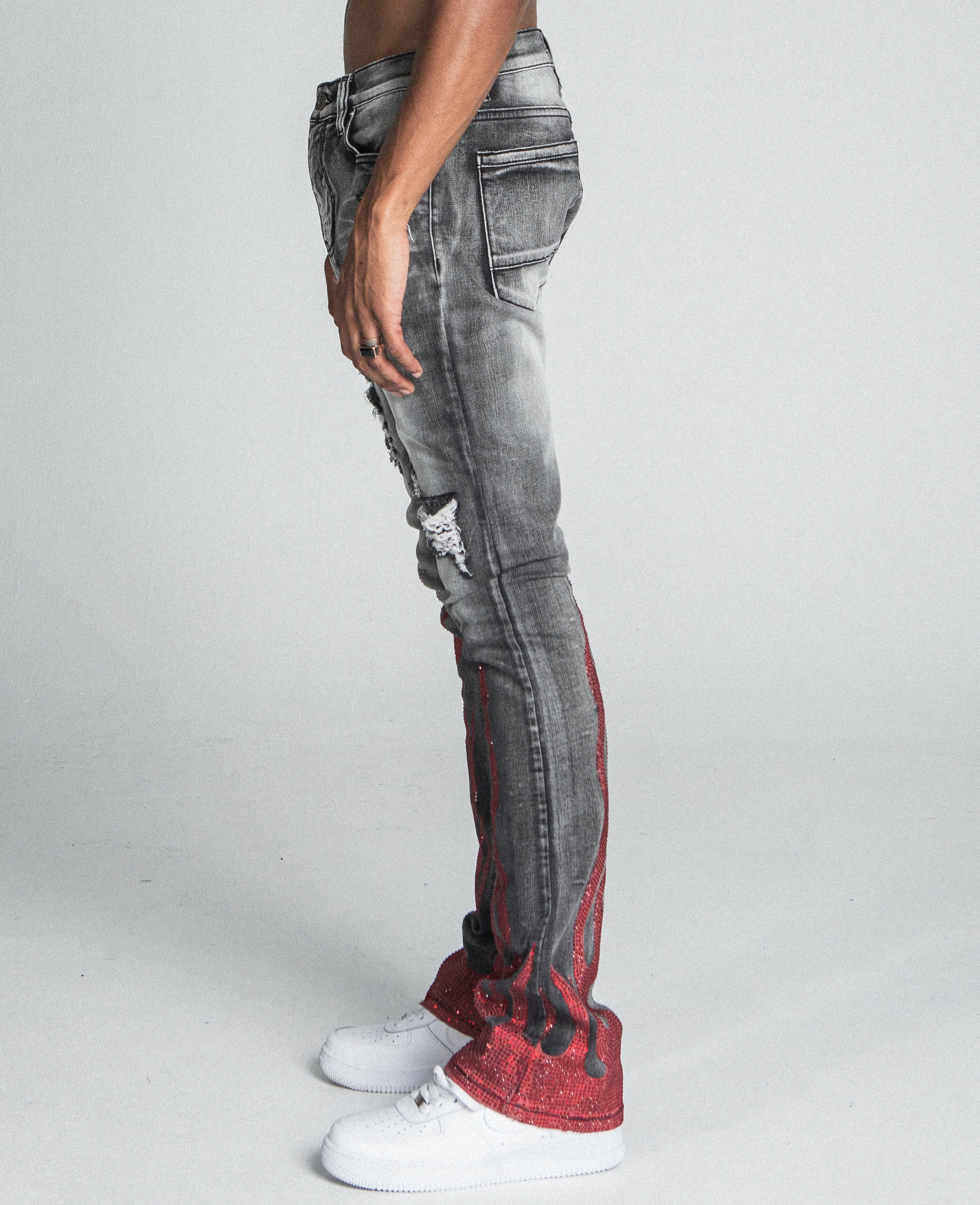 AJ23SK FLAME RHINESTONE STACKED JEANS