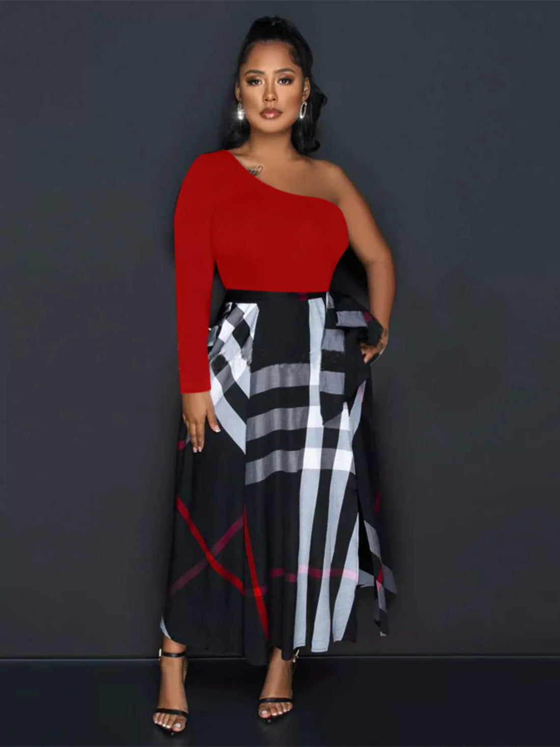 Women's Asymmetrical One-Sleeve Plaid Midi Dress with Waist Tie