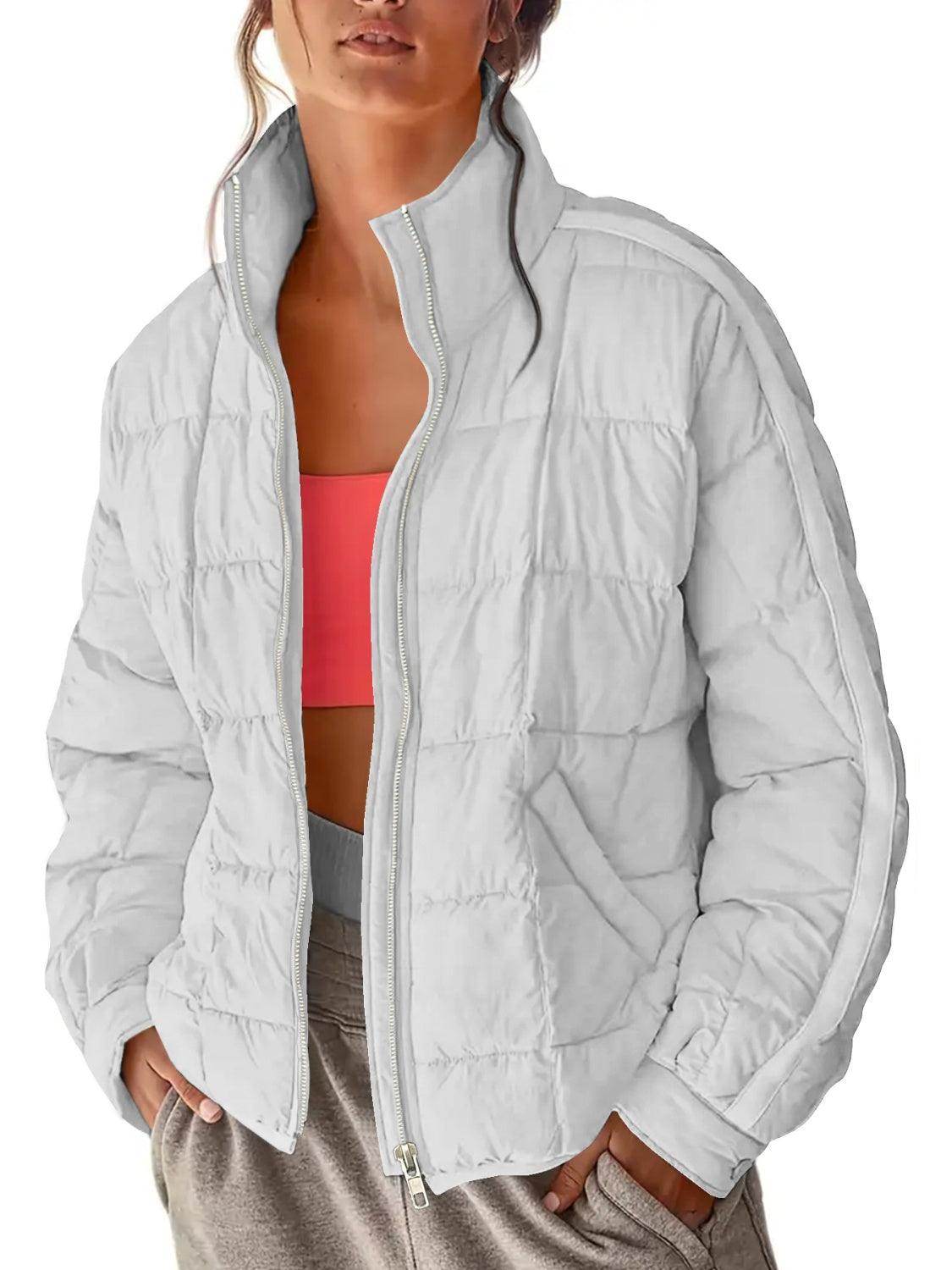 Pocketed Plaid Quilted Zip Up Winter Coat for Women