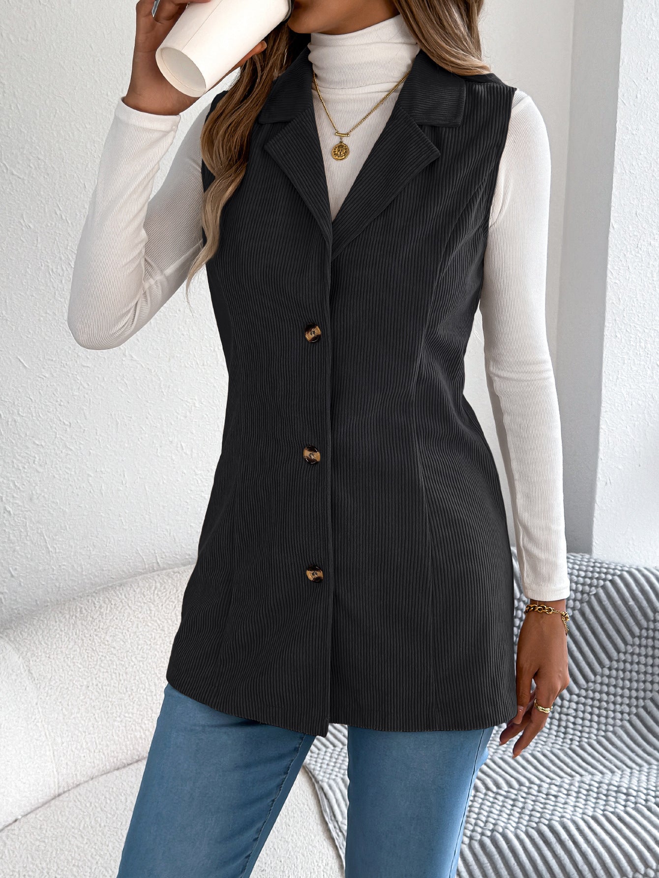 Women's European And American Casual Single-breasted Suit-collar Corduroy Waistcoat Jacket