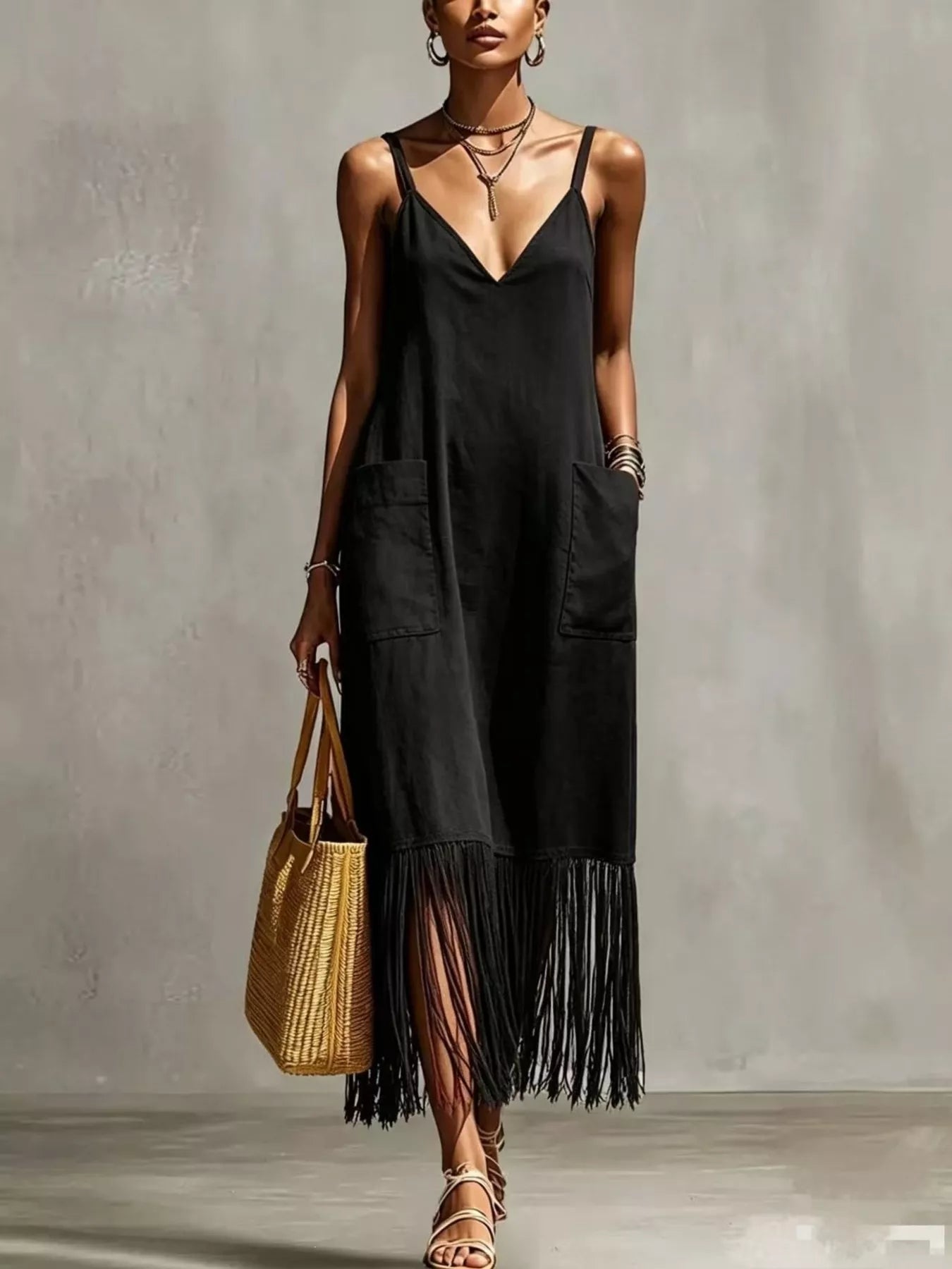 Women's Full Size Fringe V-Neck Spaghetti Strap Dress Plus Size