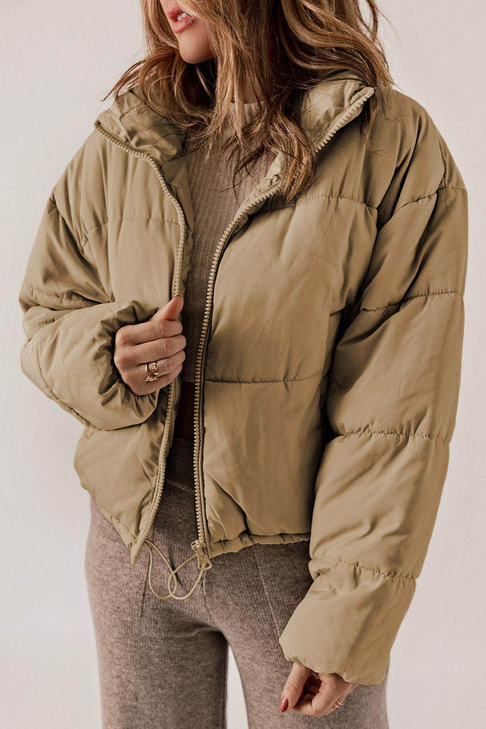 Zip Up Collared Neck Long Sleeve Winter Coat for Women