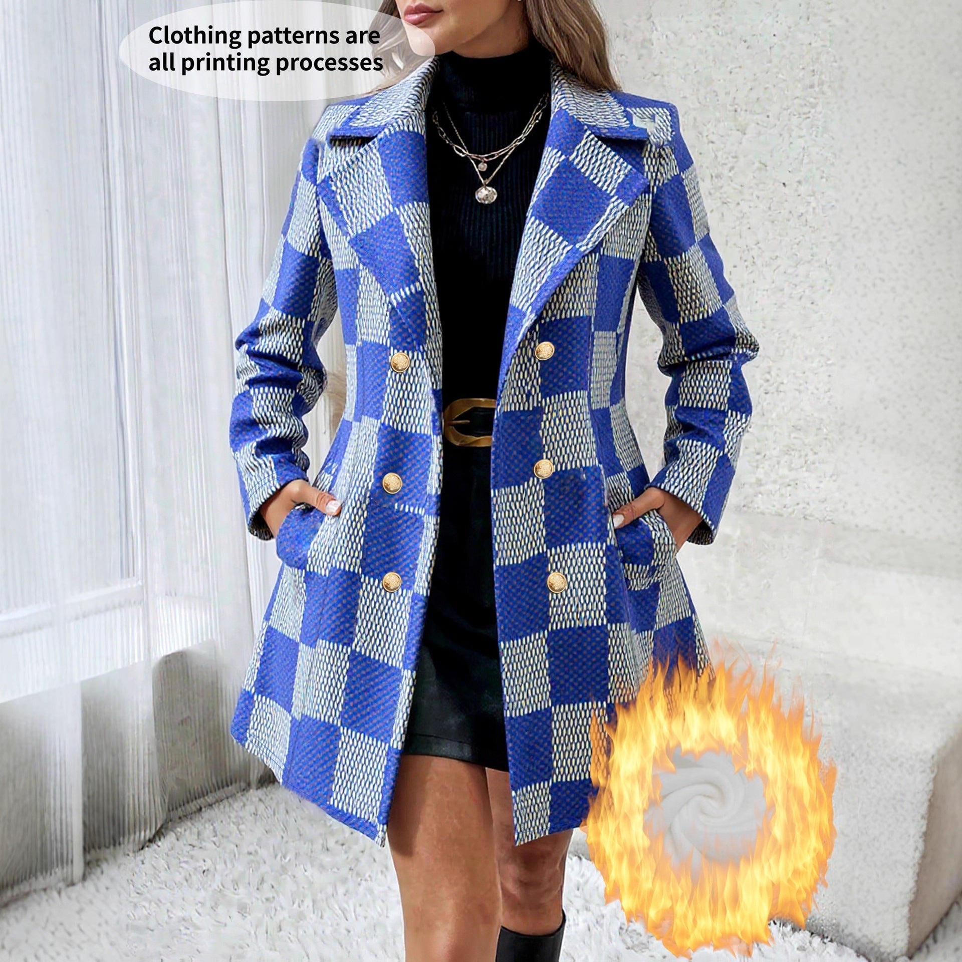Plus-size Contrast-color Plaid Fleece-lined Loose-fit Coat For Women