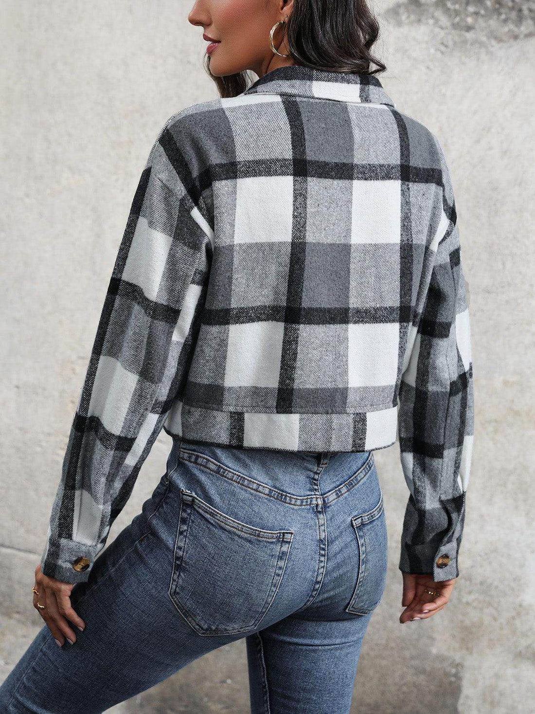 Perfee Plaid Button Up Drop Shoulder Cropped Jacket for Women