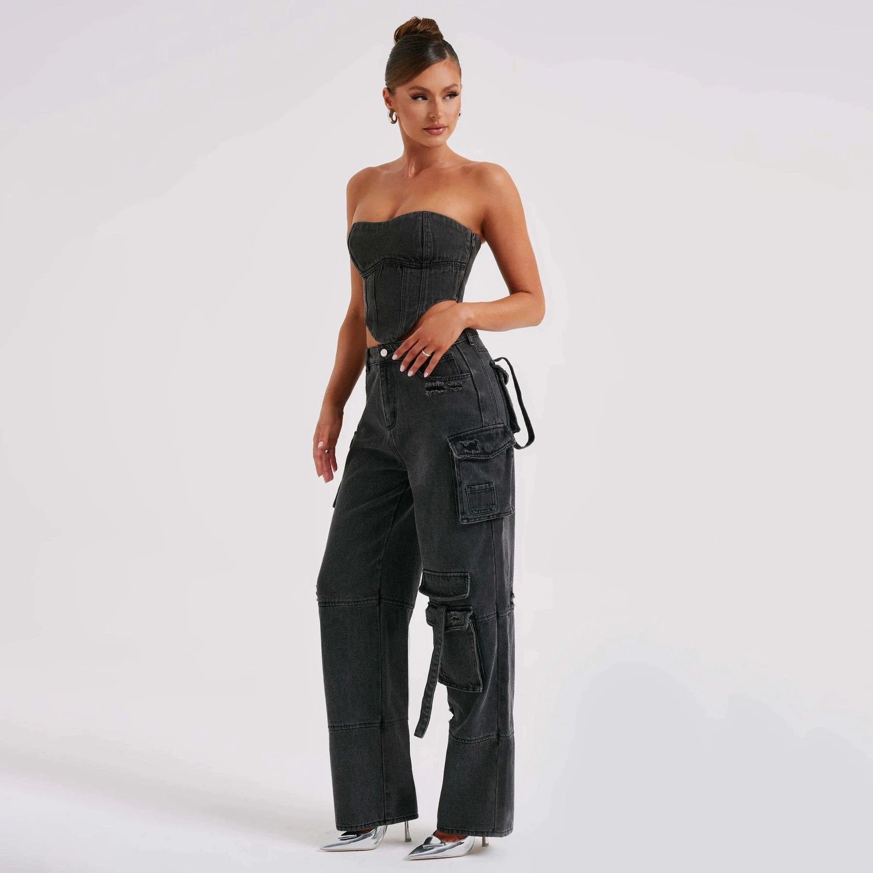 Tube Top And Pocket Stitching Jeans Pants