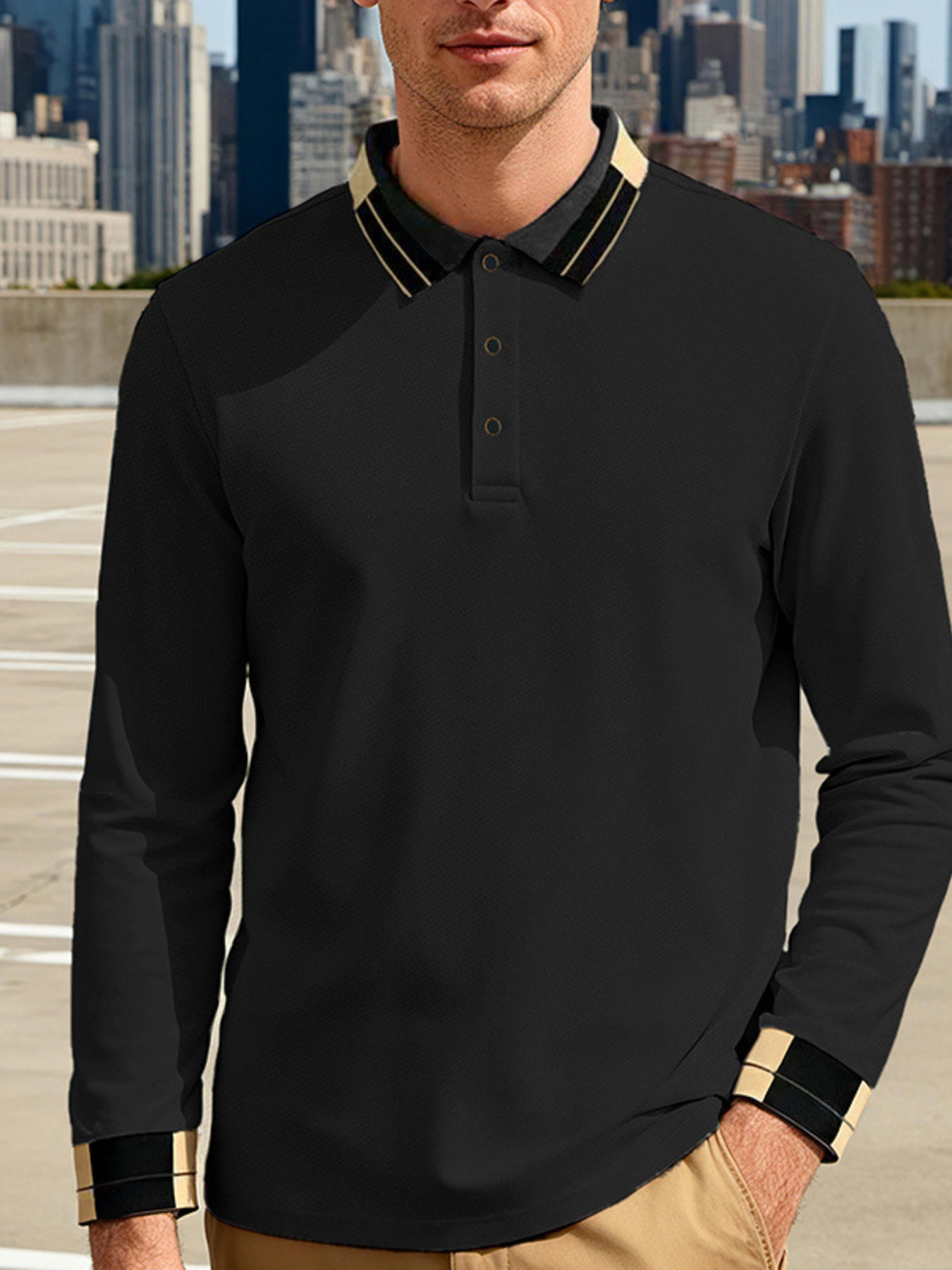 Men's Full Size Button Detail Long Sleeve Polo Plus Size