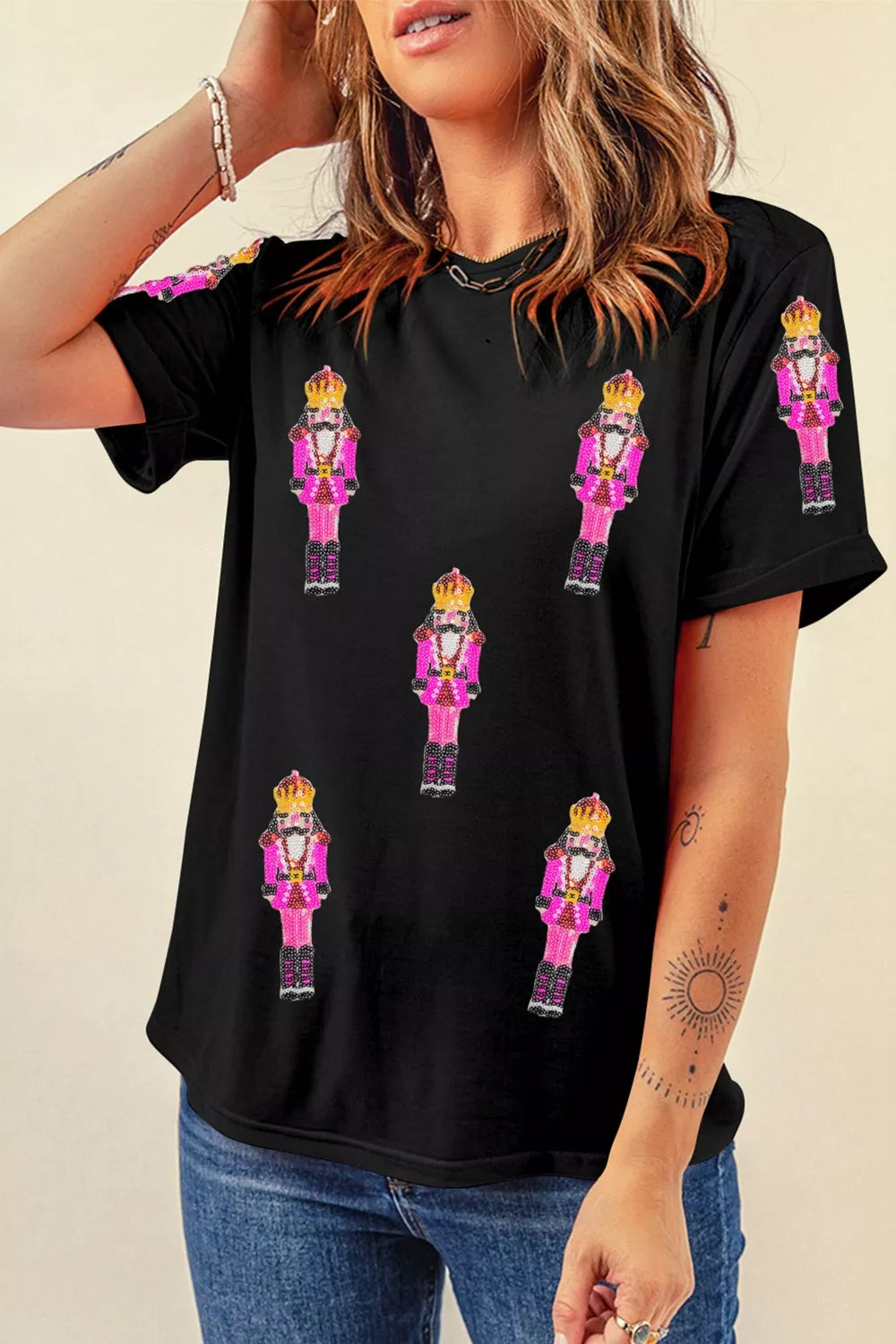 Sequin Patched Christmas Nutcracker Casual T Shirt