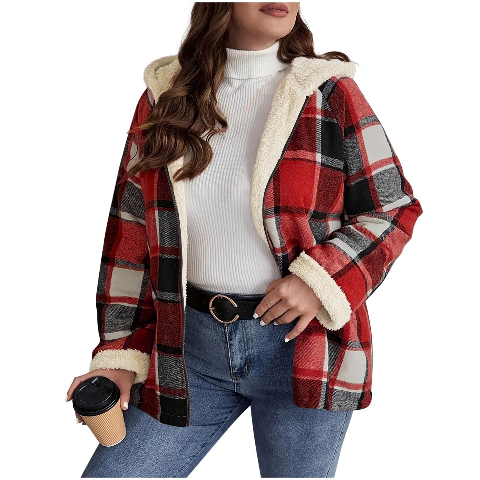 Plaid Printed Coat Fleece-lined Thickened Composite Hooded