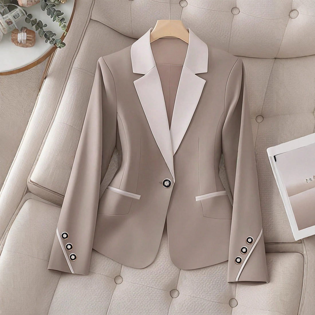 Women’s Contrasting Color Blazer – Elegant Button Formal Jacket