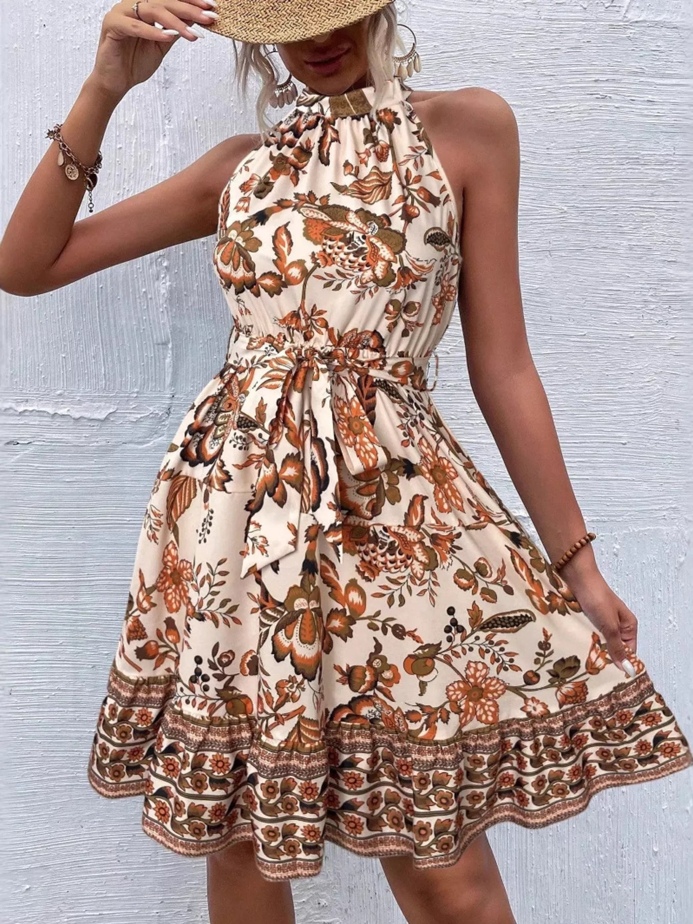 Women's Printed Sleeveless Tie Waist Dress