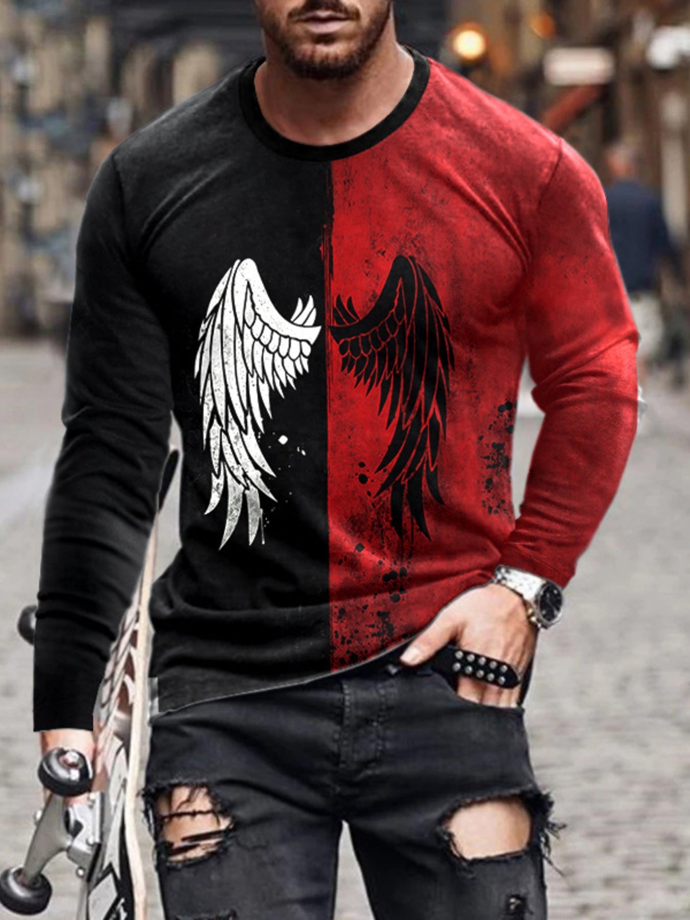 Men's Full Size Split-Color Wing Graphic Long-Sleeve T-Shirt Plus Size