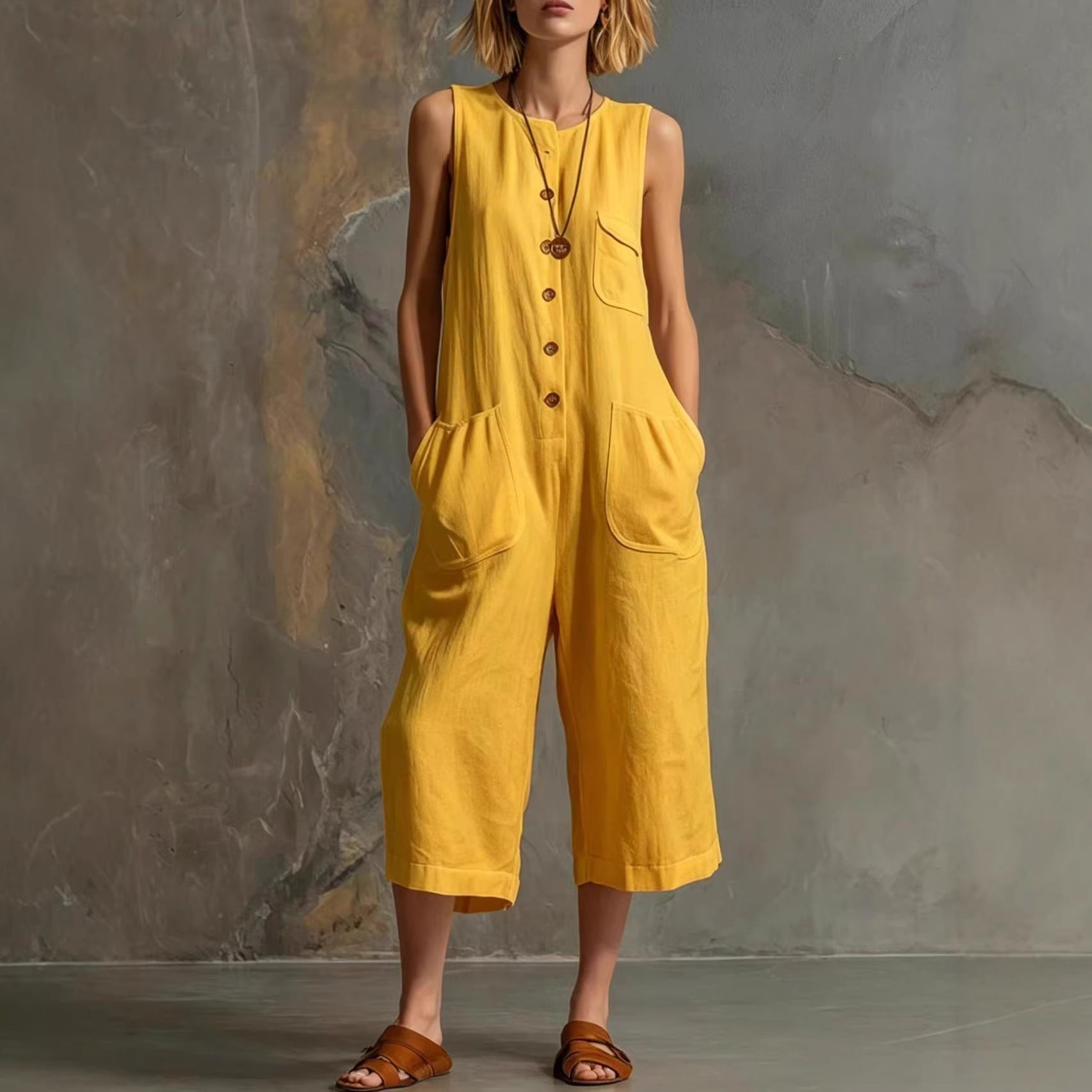 Women's Retro Sleeveless Cotton-Linen Wide-Leg Cropped Jumpsuit