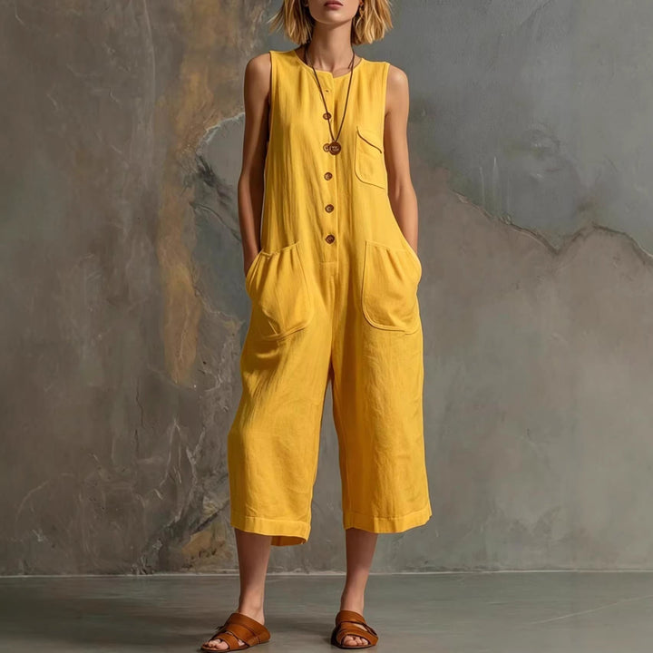 Women's Retro Sleeveless Cotton-Linen Wide-Leg Cropped Jumpsuit