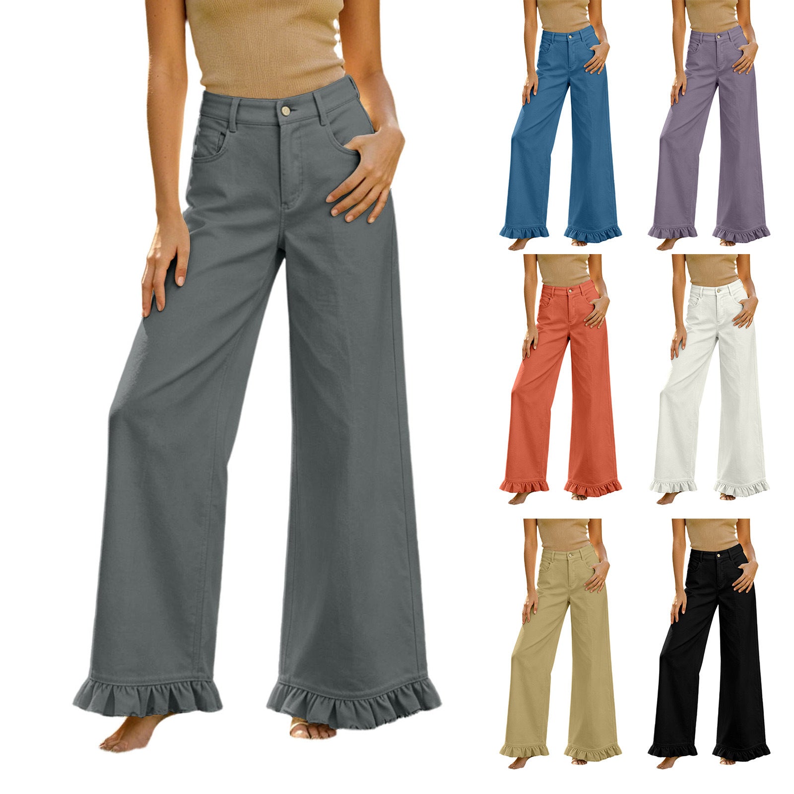 High-waisted Cotton-linen Wide-leg Pants With Ruffled Hem