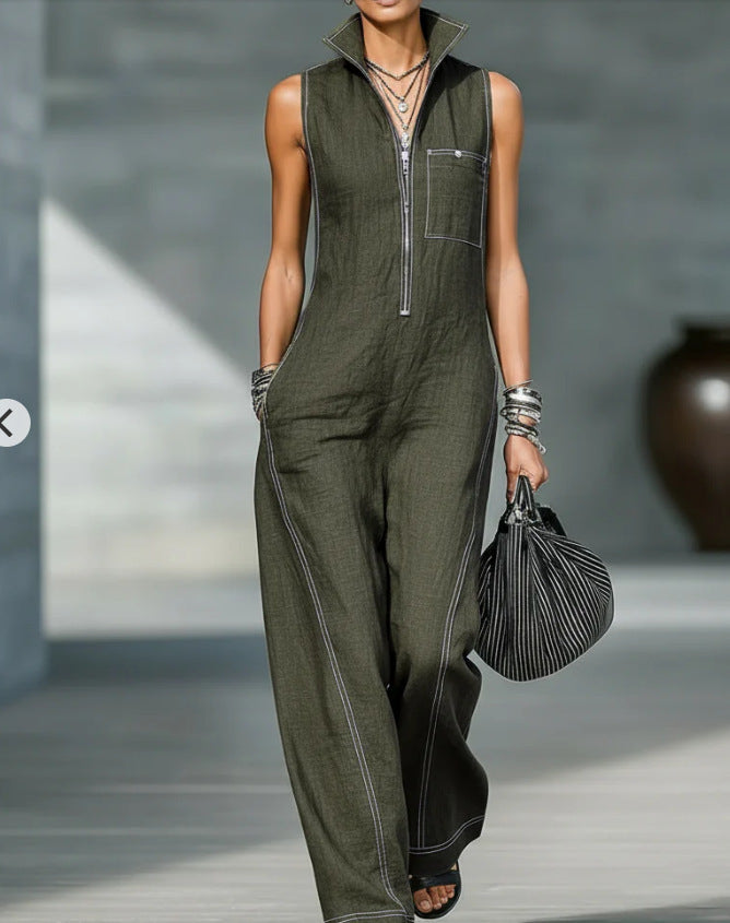 Women's Stand-up Collar Jumpsuit With Pockets Summer Fashion Casual Sleeveless Jumpsuit Trousers Women's Clothing