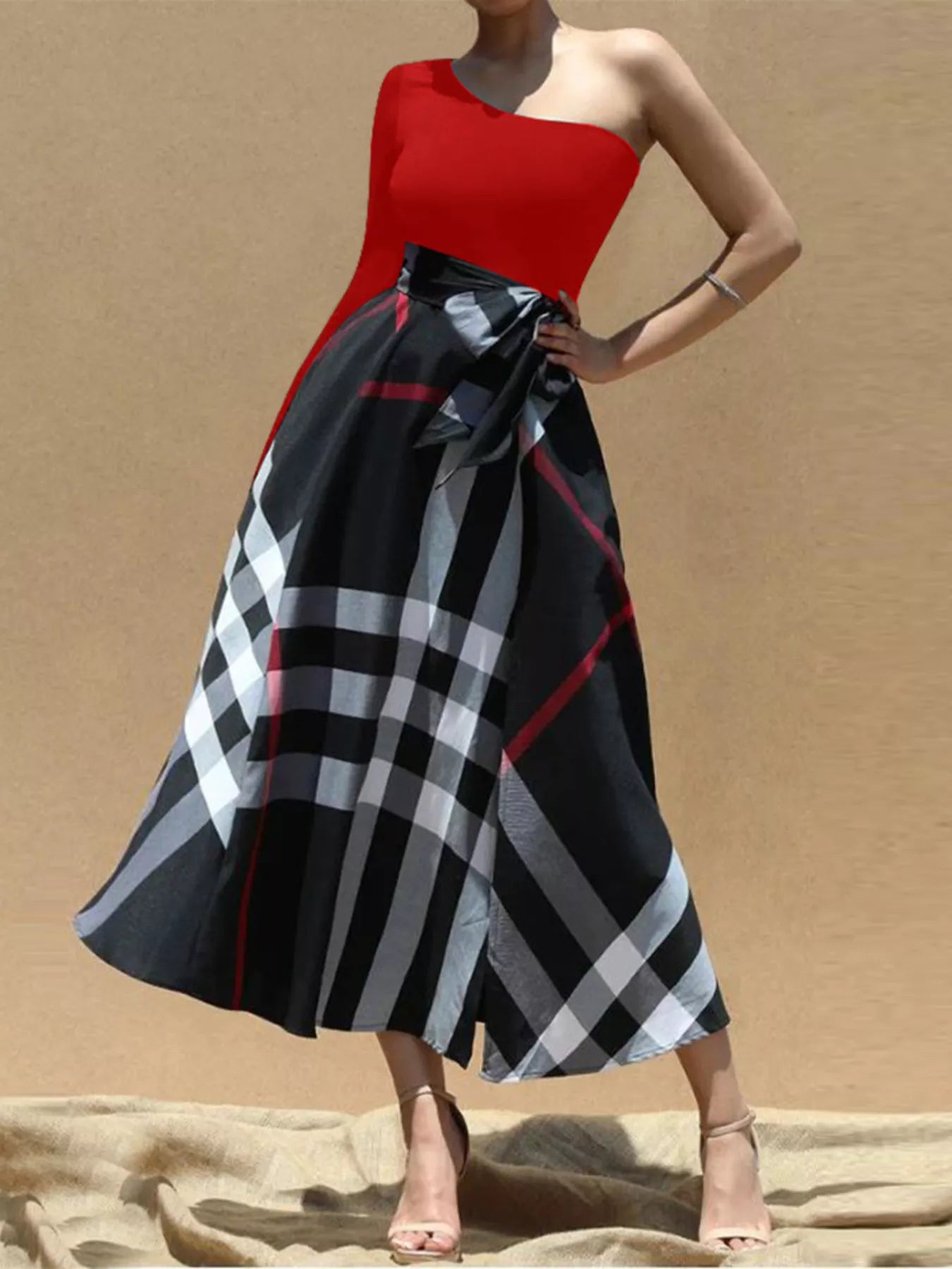 Women's Asymmetrical One-Sleeve Plaid Midi Dress with Waist Tie