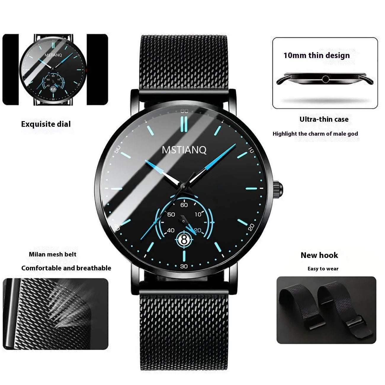 Stylish Black Technology Belt Refined Steel Casual Calendar Watch
