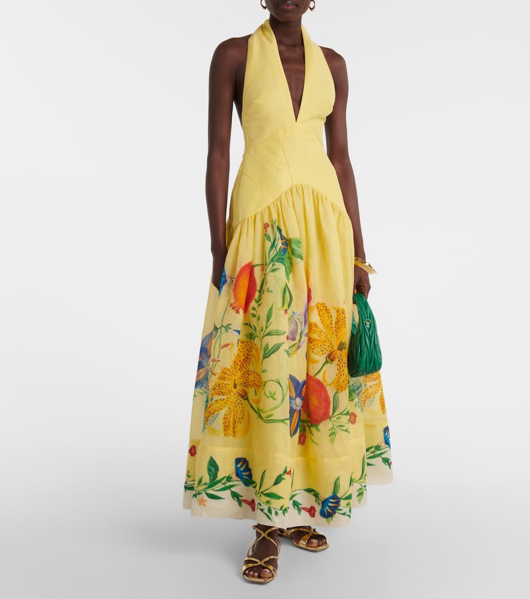 Summer Printing Halter Backless Large Swing Deep V Plunge neck Linen Dress Women