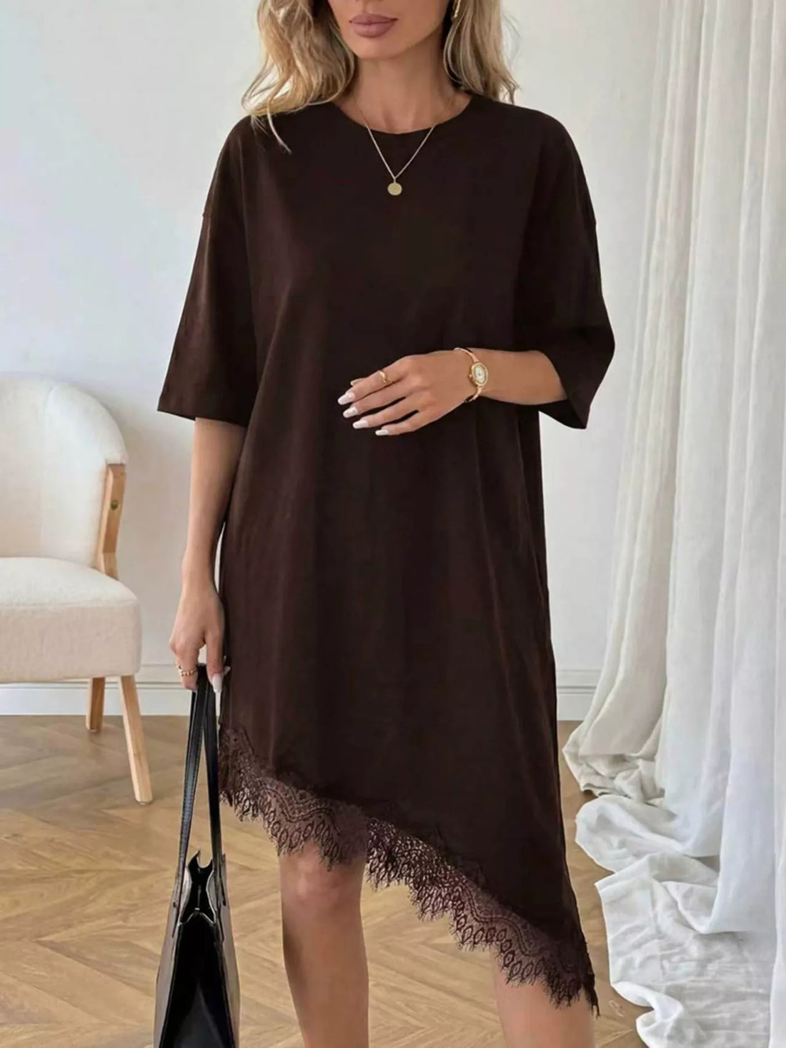 Women's Lace Trim Asymmetrical Hem T-shirt Dress