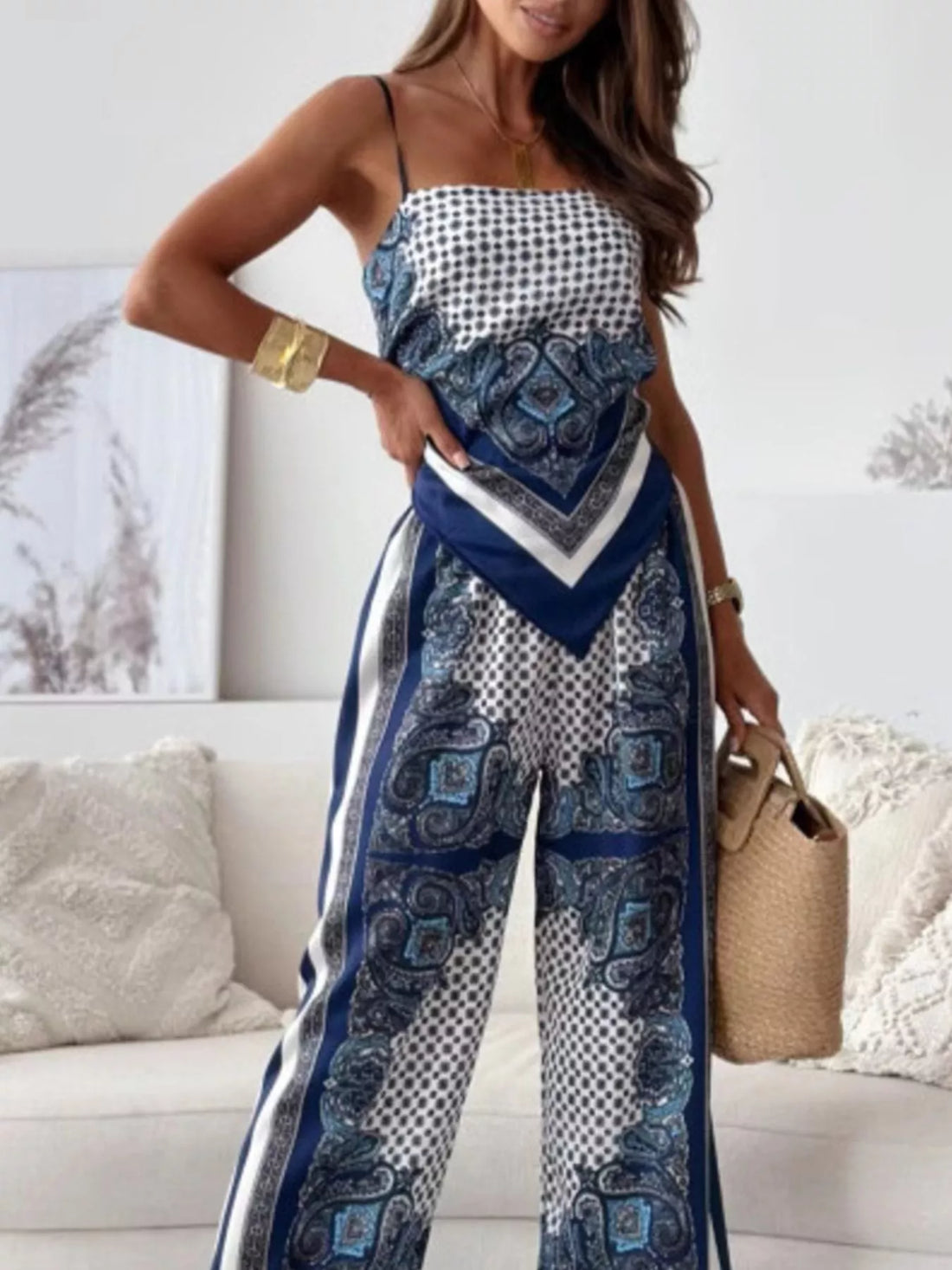 Women's Printed Cami and Wide Leg Pants Set