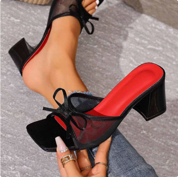 Transparent Chunky Heel High Heel Sandals Women Summer Bow Open Toe Square Head All Match Crystal Shoes