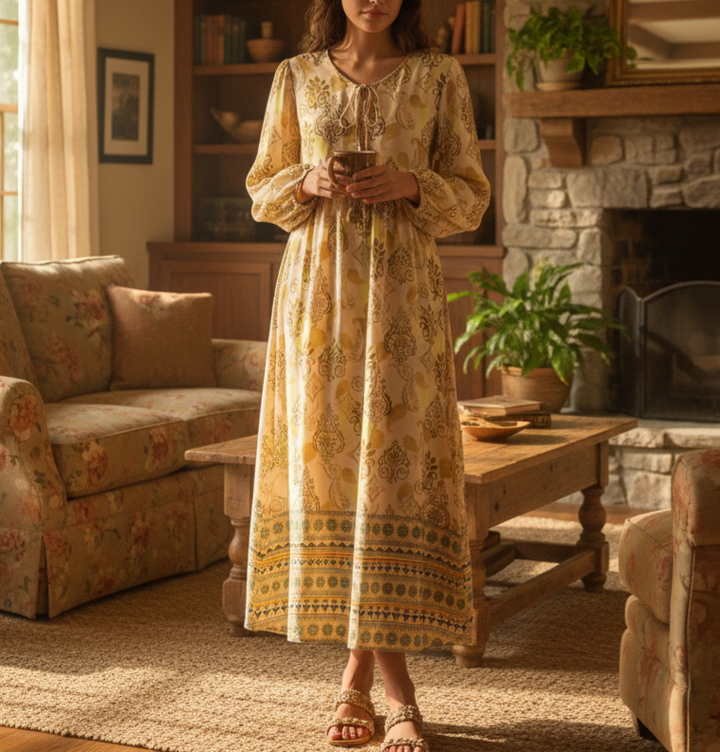Women Loose Bohemian Flared Dress with Embroidered Tassel Print