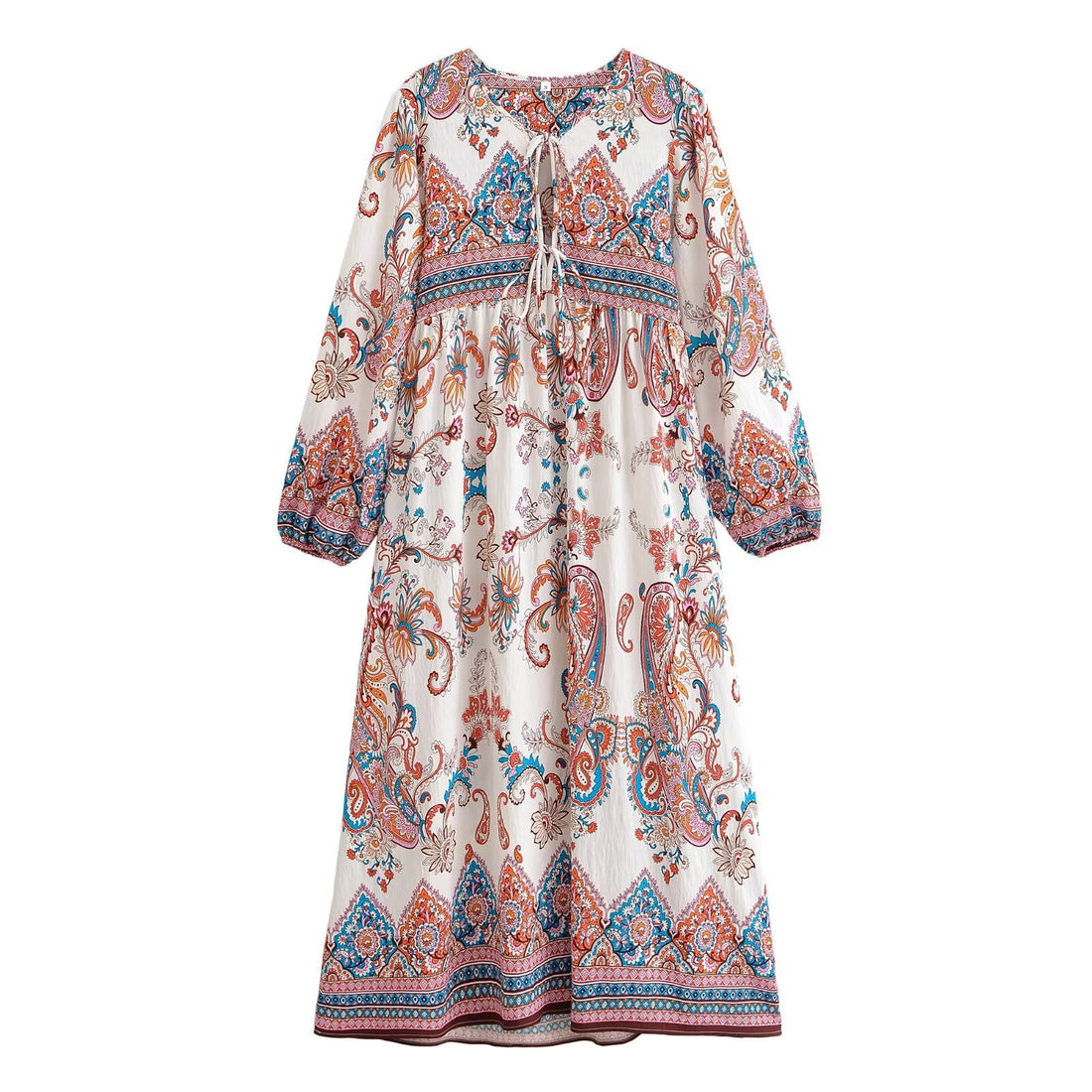 Women Loose Bohemian Flared Dress with Embroidered Tassel Print