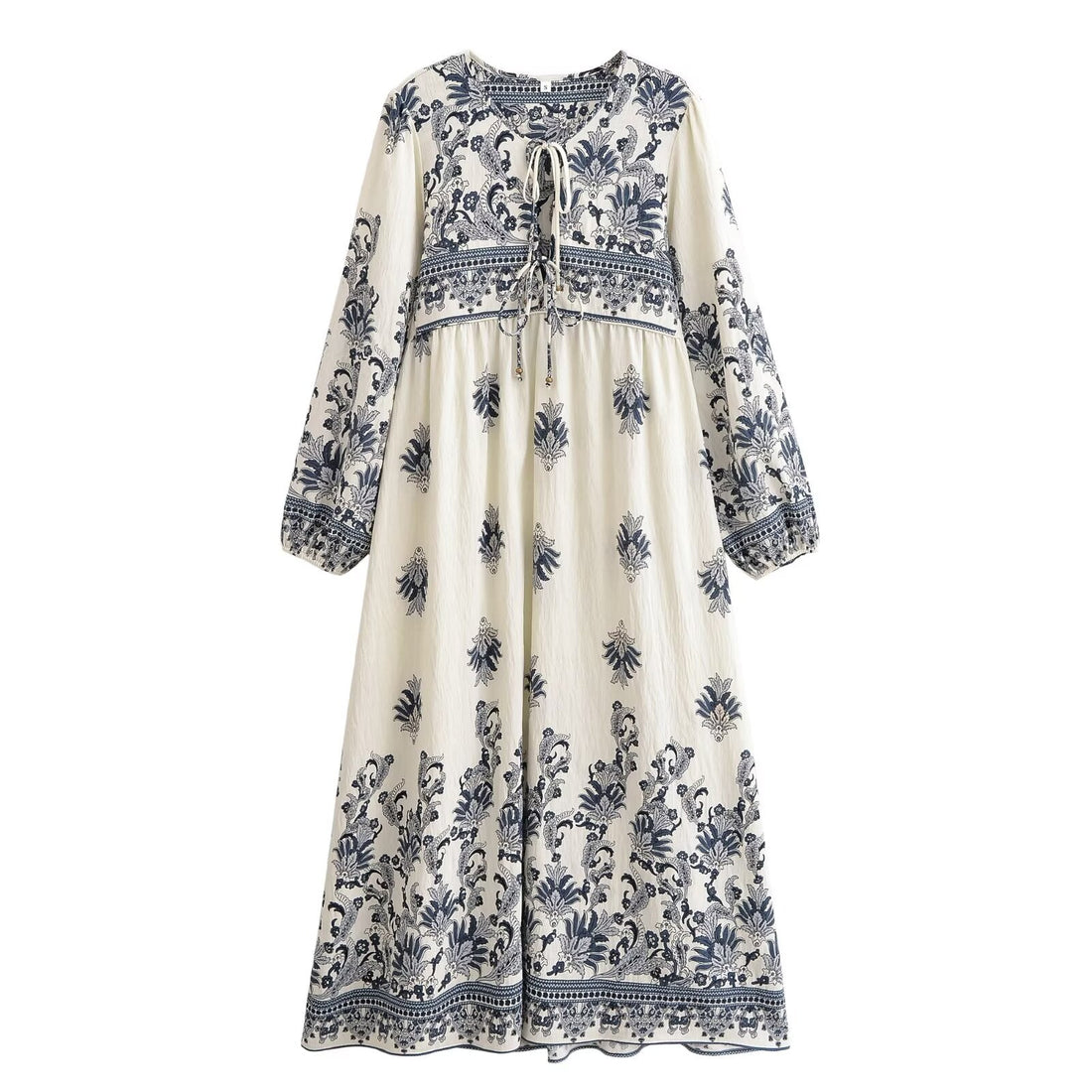 Women Loose Bohemian Flared Dress with Embroidered Tassel Print