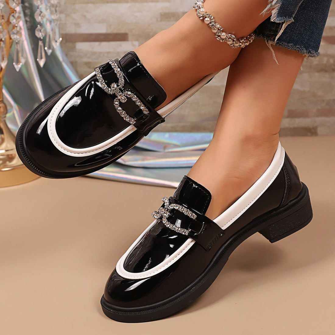 Color Matching Platform Leather Shoes Women Loafers Metal Buckle Slip on British Low Top Shoes